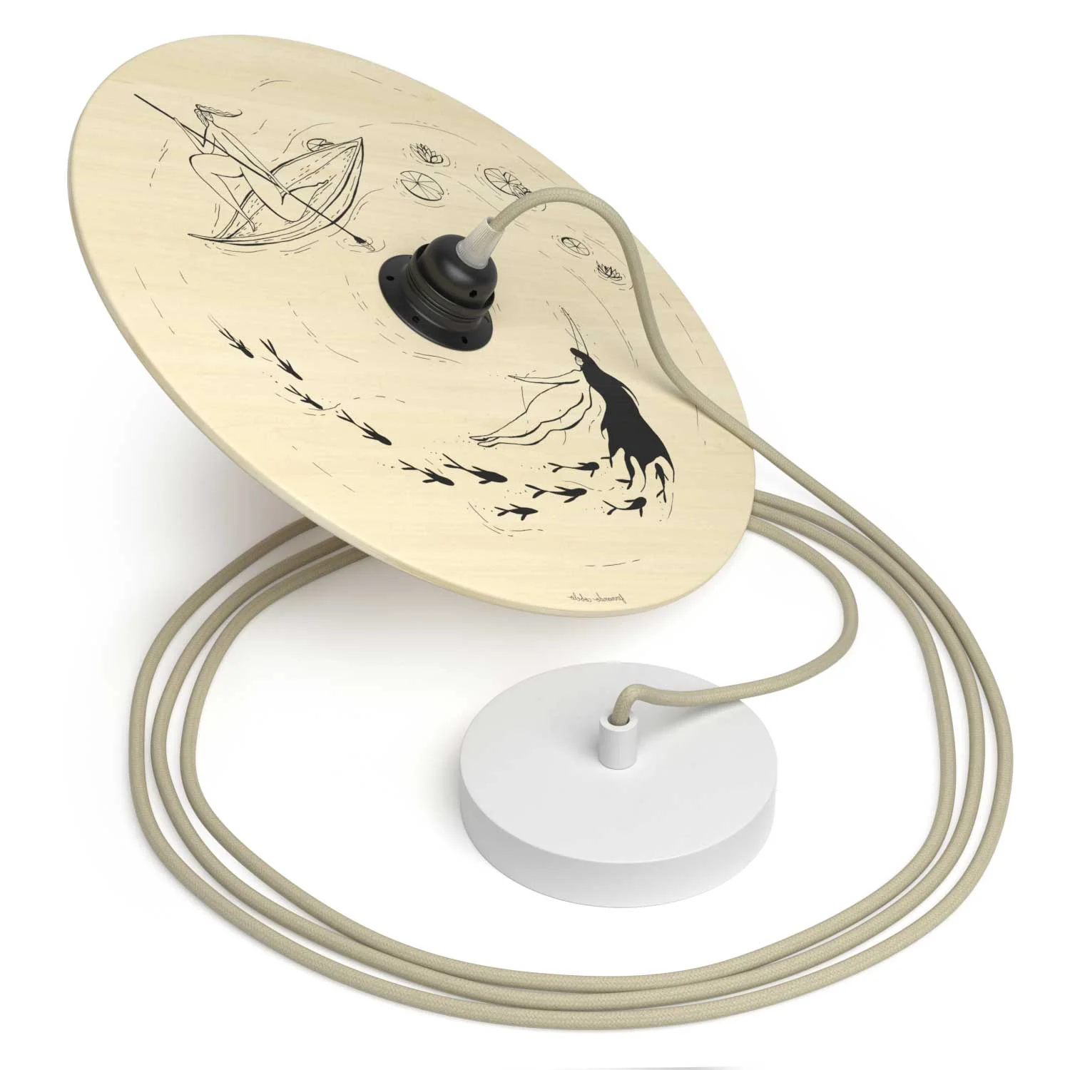 Pendelleuchte mit Textilkabel, doppelseitigem Holzschirm UFO und Metallapplikationen - Fernando Cobelo - Image 6