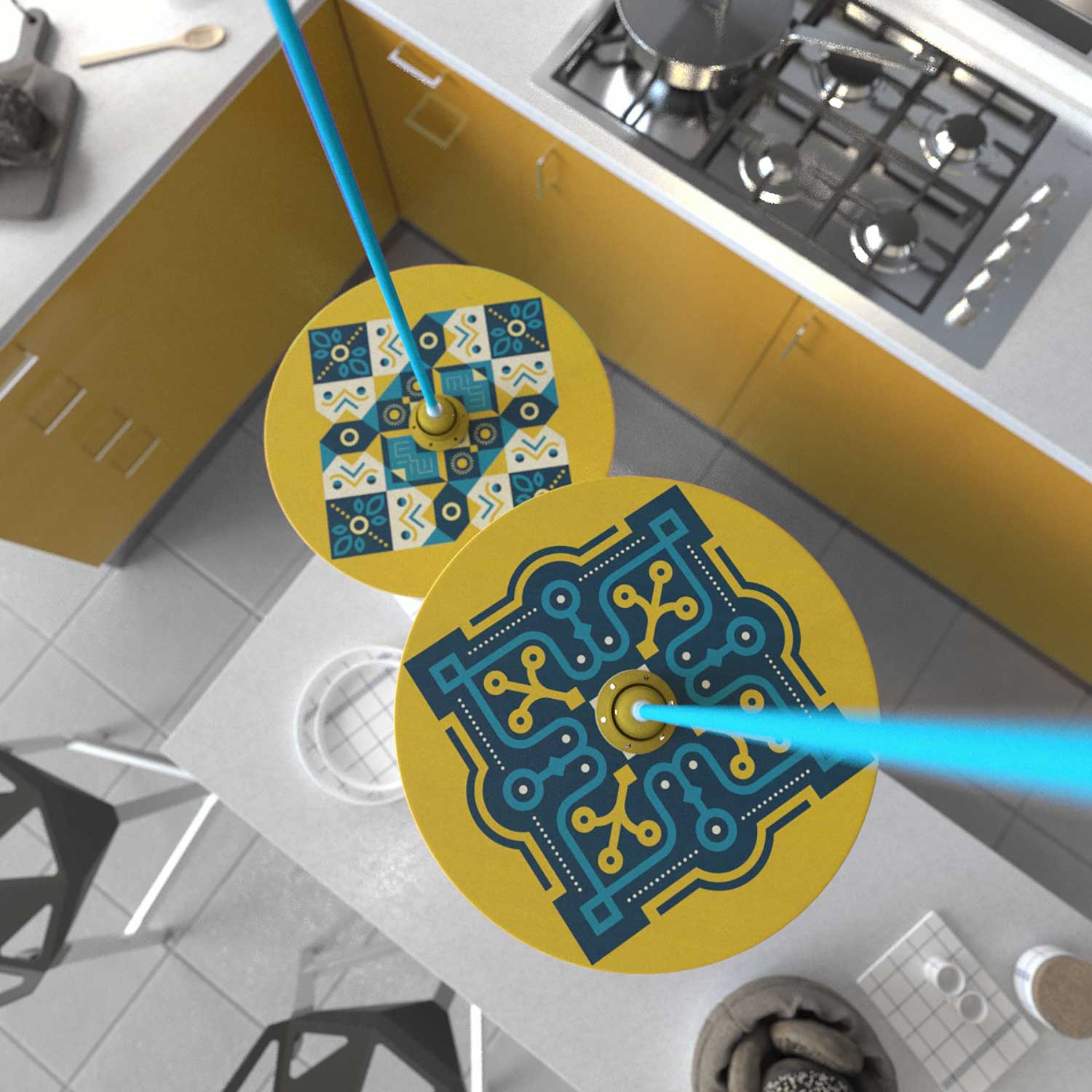 Pendelleuchte komplett mit Textilkabel, doppelseitigem Holzschirm UFO und Metallakzenten – ODD - Image 3