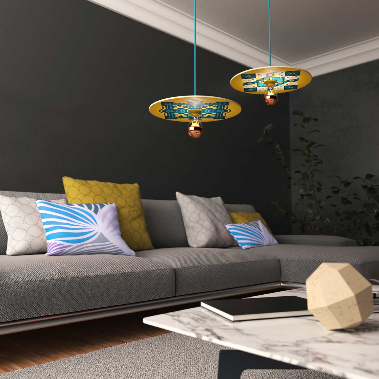 Pendelleuchte komplett mit Textilkabel, doppelseitigem Holzschirm UFO und Metallakzenten – ODD - Image 4