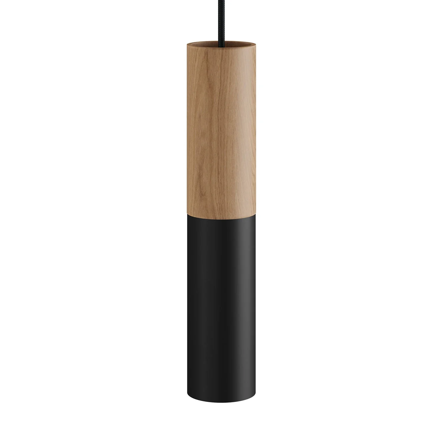 Pendelleuchte komplett mit Textilkabel und Doppelschirm Tub-E14 aus Holz und Metall – Schwarz
