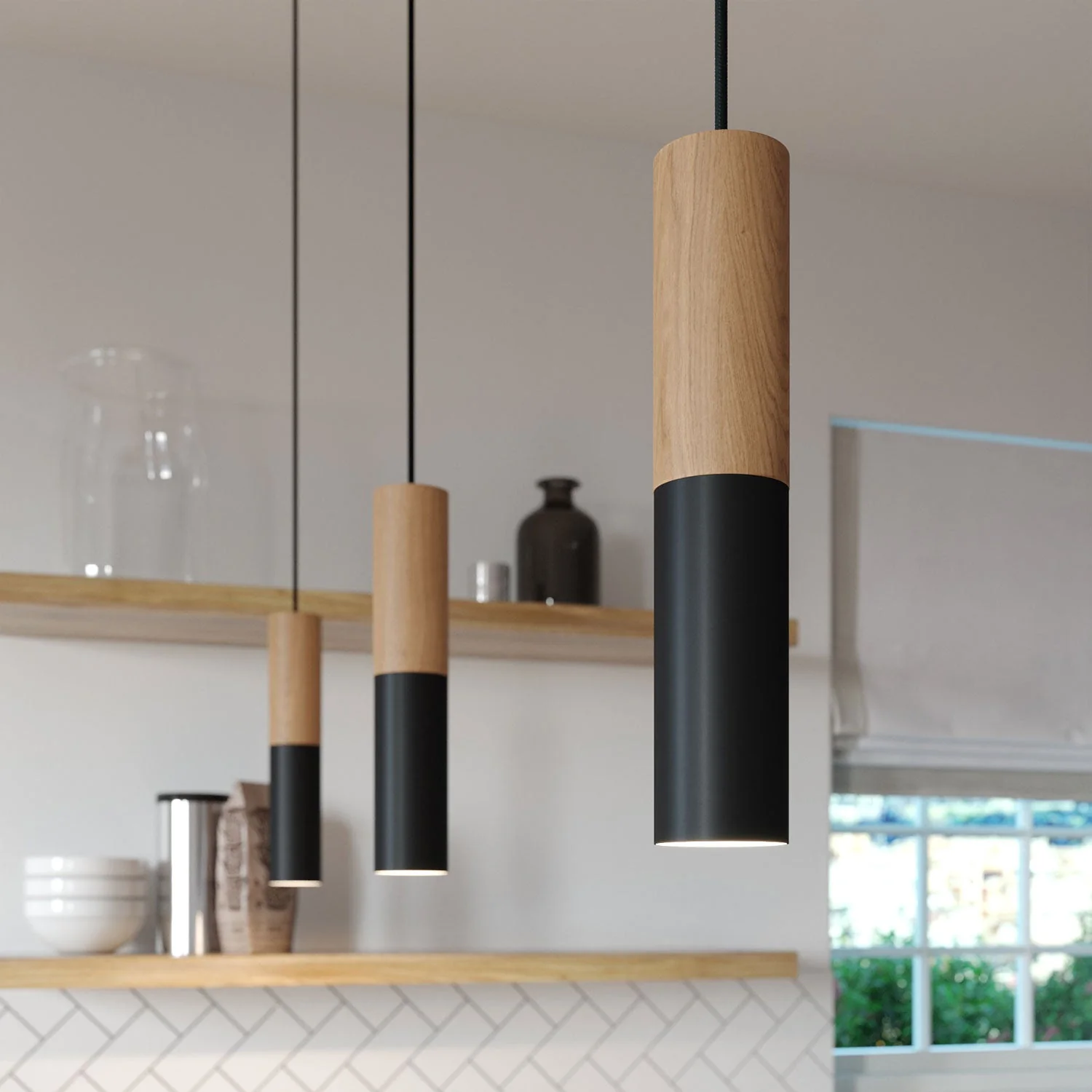 Pendelleuchte komplett mit Textilkabel und Doppelschirm Tub-E14 aus Holz und Metall – Schwarz - Image 4
