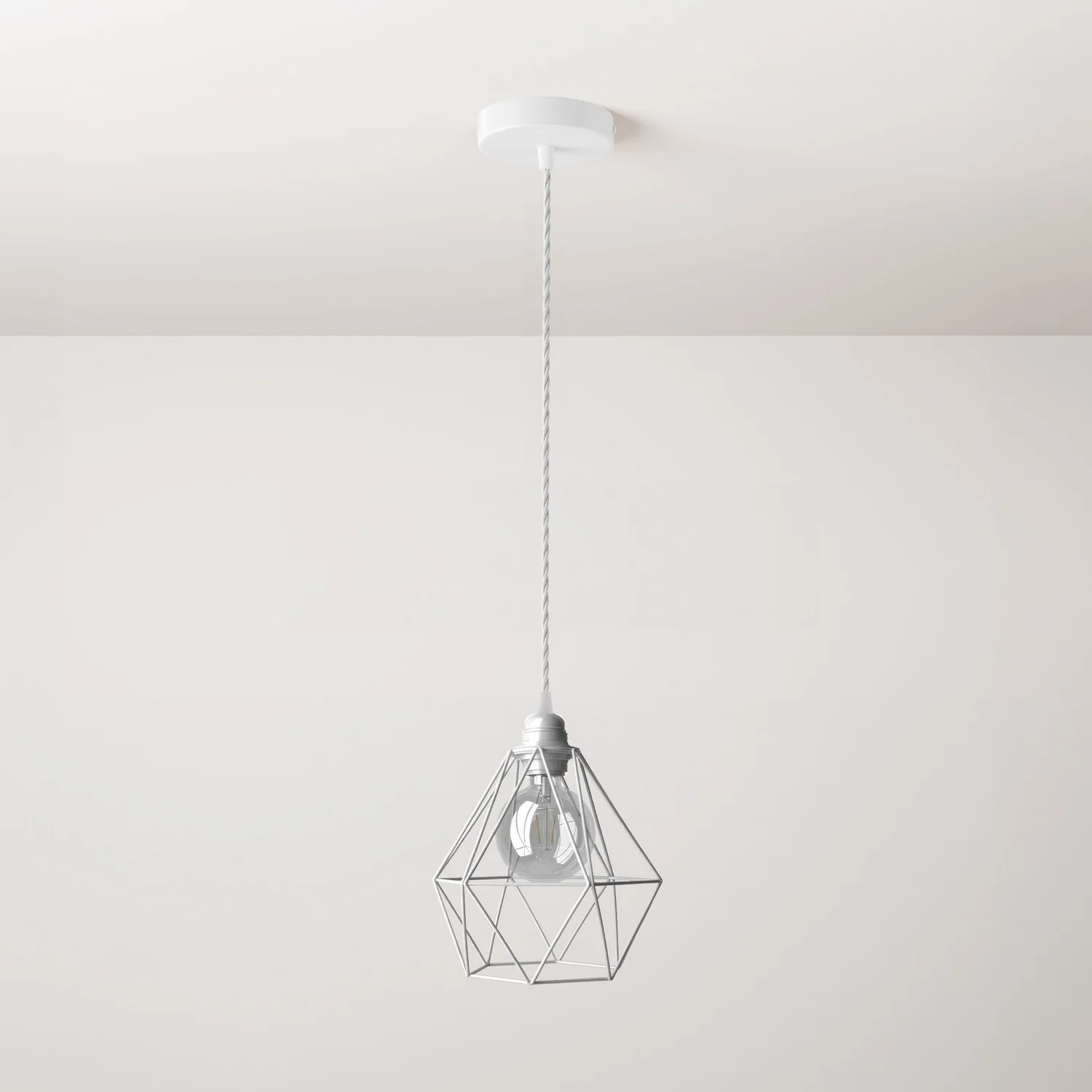 Pendelleuchte komplett mit Textilkabel, Diamond-Käfigschirm und Metall-Details – Weiß