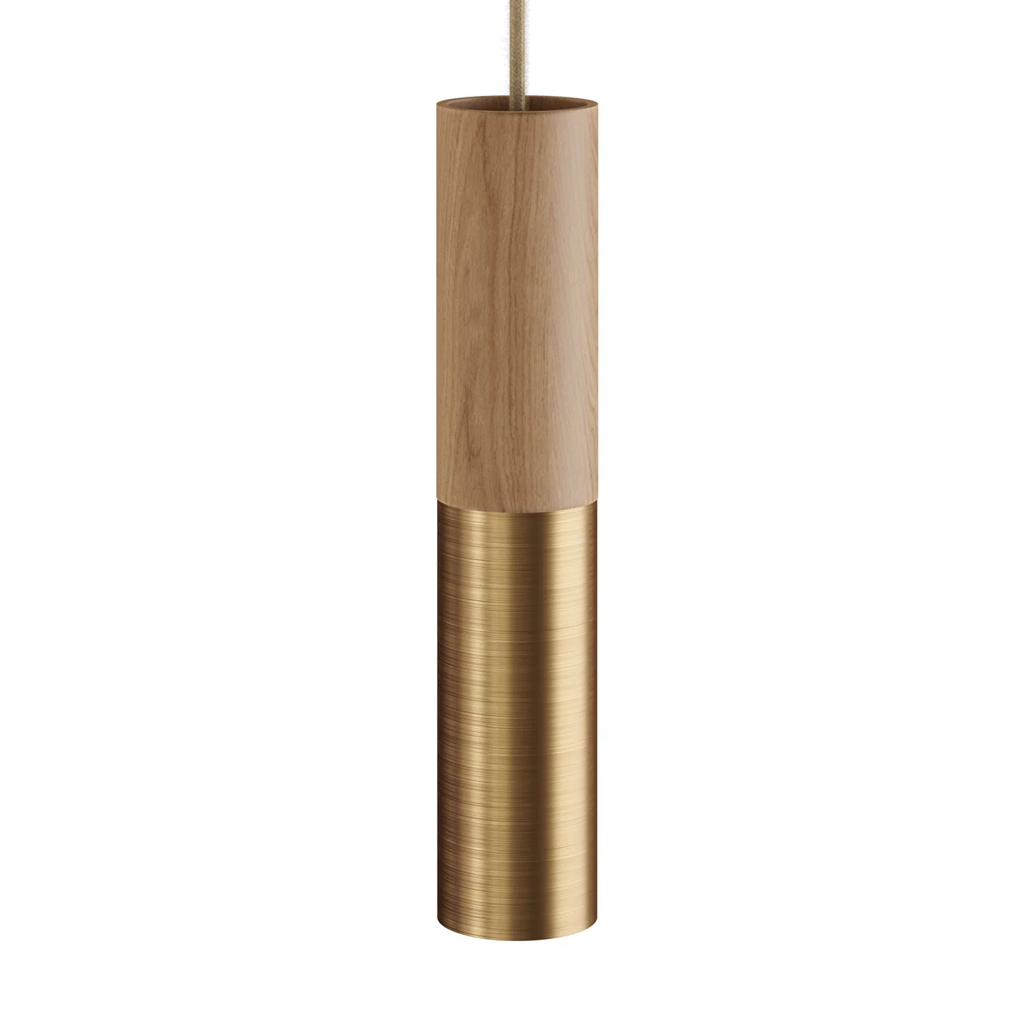 Pendelleuchte komplett mit Textilkabel und doppeltem Tub-E14 Lampenschirm aus Holz und Metall – Satiniertes Bronze
