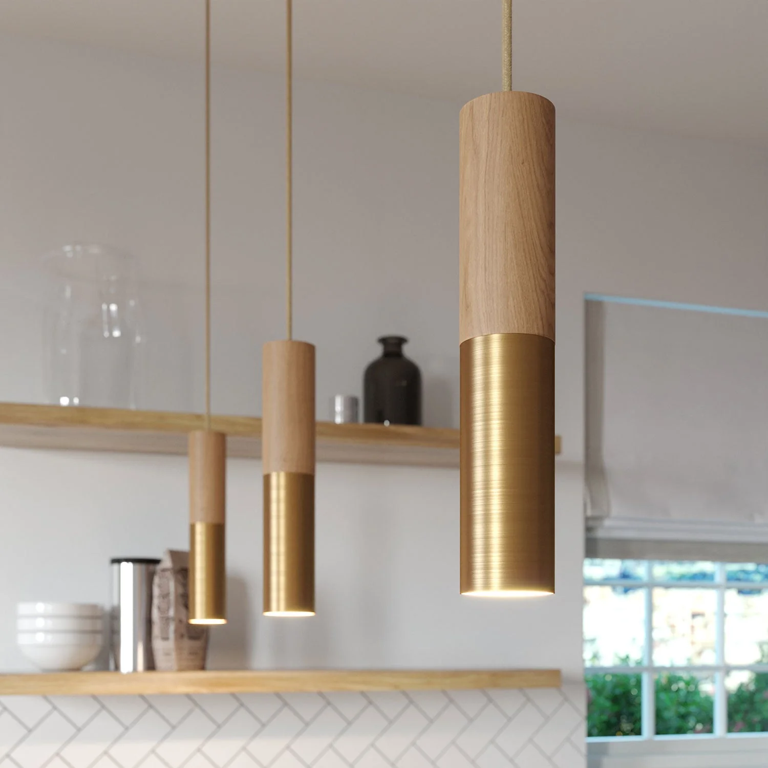 Pendelleuchte komplett mit Textilkabel und doppeltem Tub-E14 Lampenschirm aus Holz und Metall – Satiniertes Bronze - Image 4