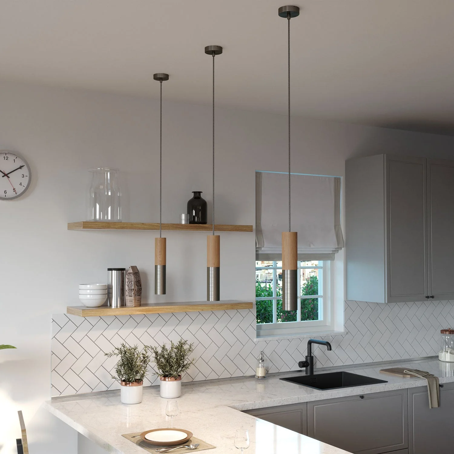 Pendelleuchte komplett mit Textilkabel und Doppelschirm Tub-E14 aus Holz und Metall – Satiniert Titan - Image 3