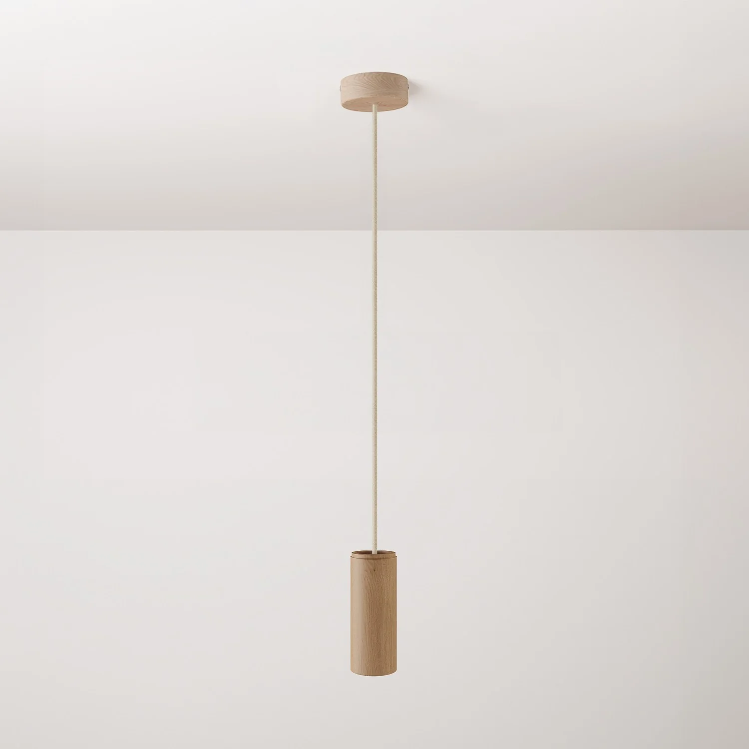 Pendelleuchte mit Textilkabel und Tub-E14-Lampenschirm aus Holz – Neutral