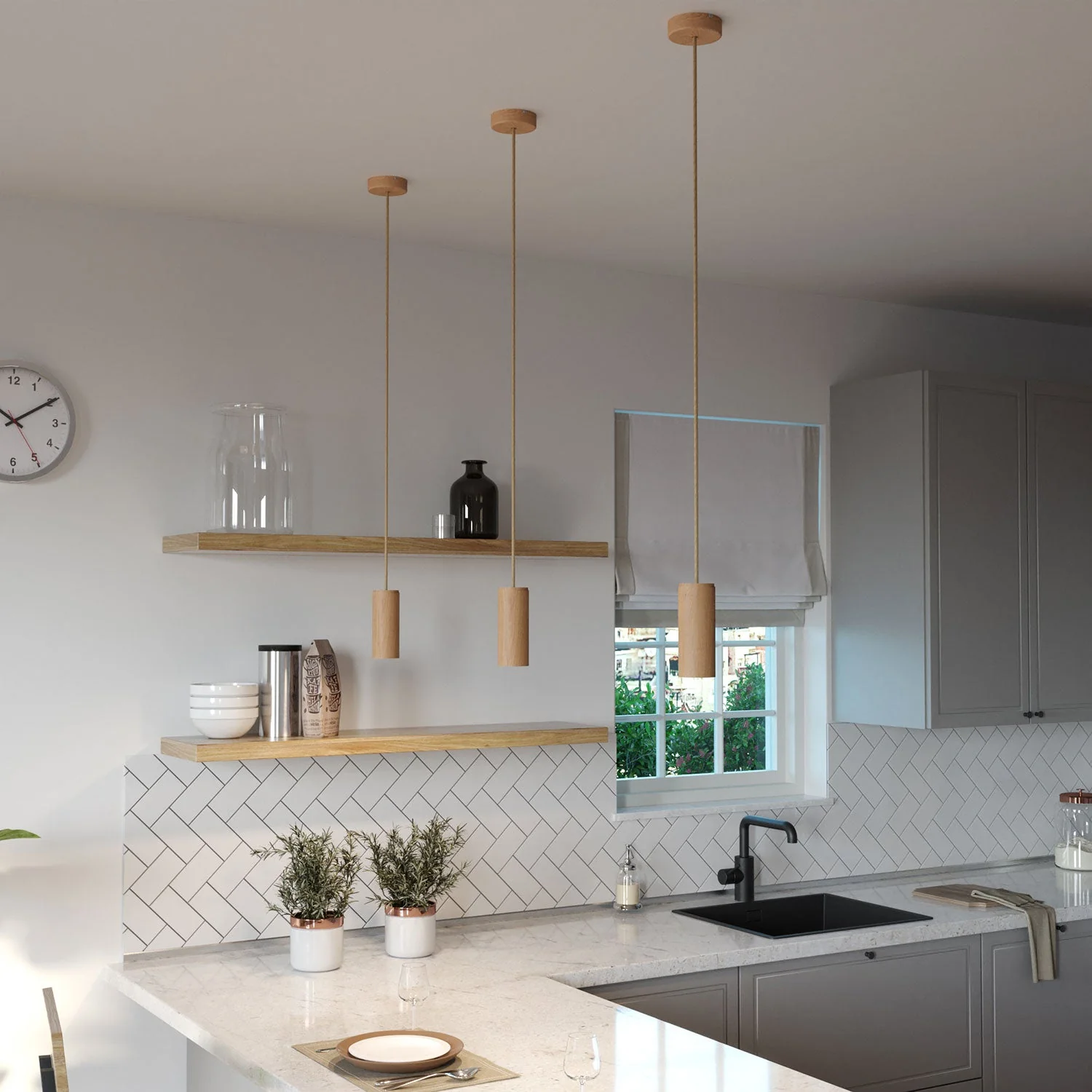 Pendelleuchte mit Textilkabel und Tub-E14-Lampenschirm aus Holz – Neutral - Image 2