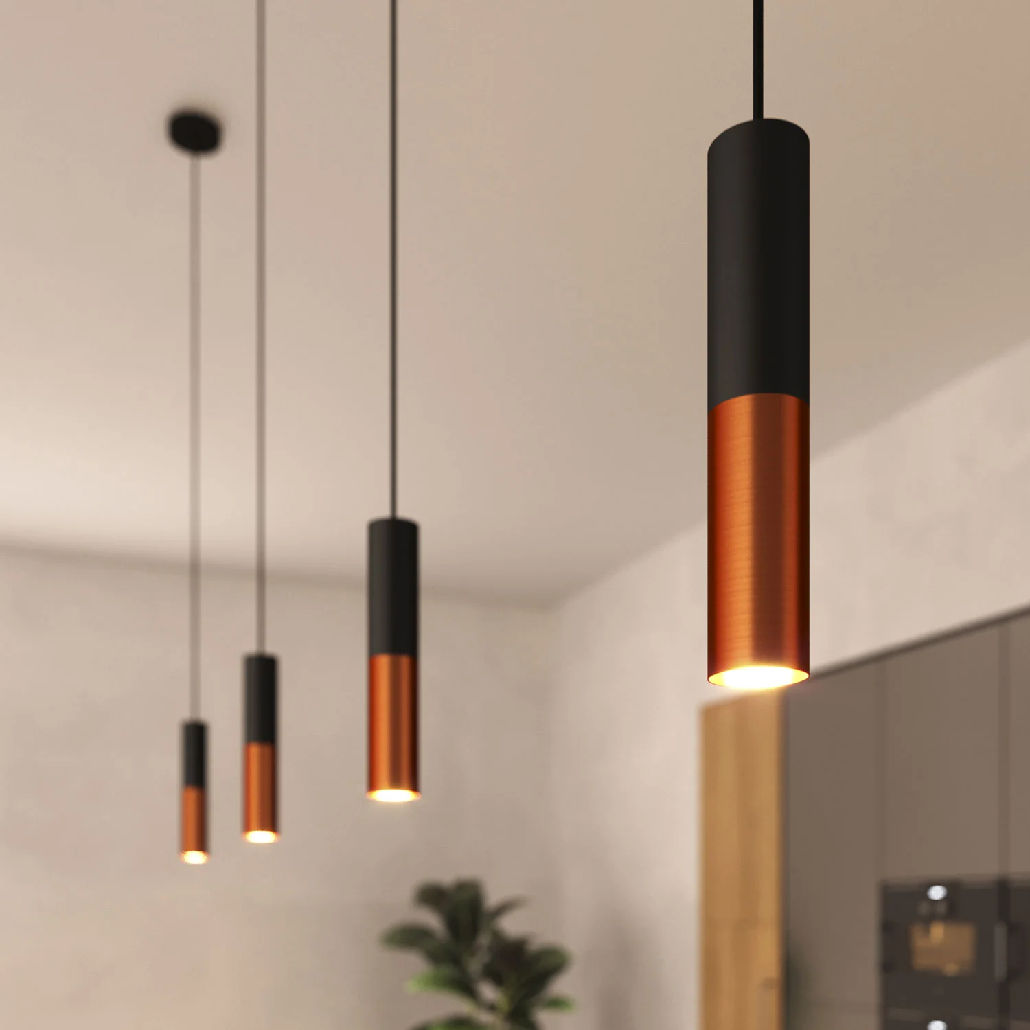 Pendelleuchte komplett mit Stoffkabel und Tub-E12-Doppelschirm – Schwarz und gebürstetes Kupfer - Image 2