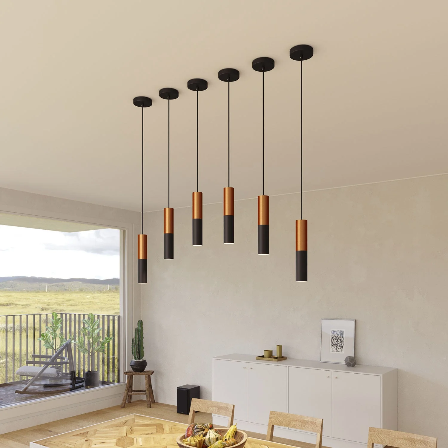 Pendelleuchte komplett mit Stoffkabel und Tub-E12-Doppelschirm – Schwarz und gebürstetes Kupfer - Image 3