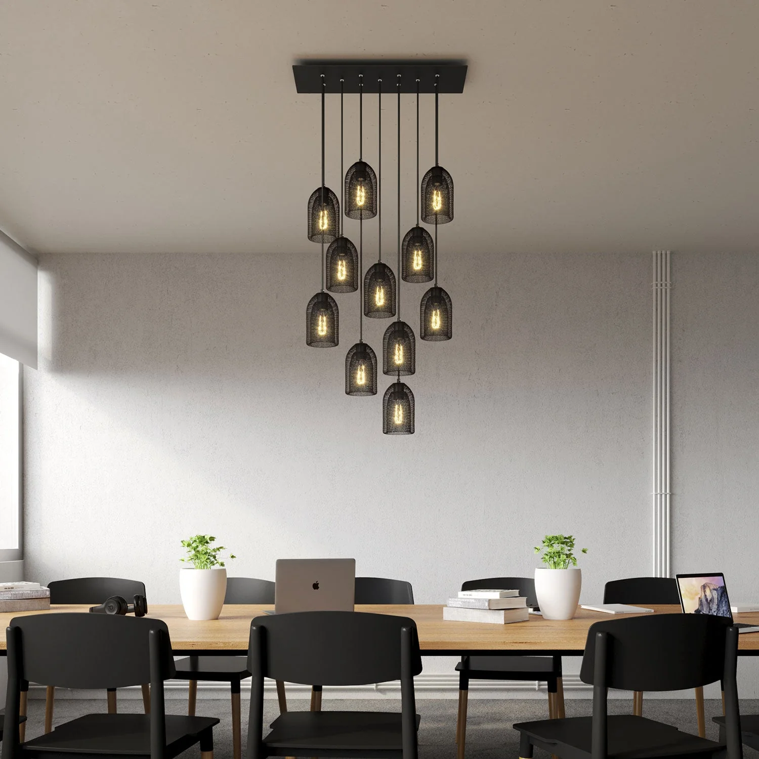 Pendelleuchte mit 11 Pendeln und XXL Rose-One Baldachin rechteckig 675 mm mit Ghostbell Metall-Lampenschirm – Mattschwarz - Image 2