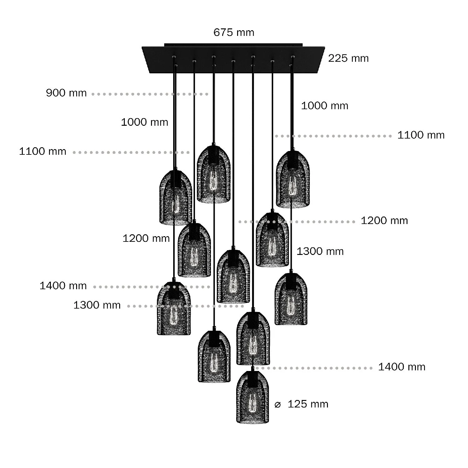 Pendelleuchte mit 11 Abhängungen mit XXL Rose-One Rechteck 675 mm und Ghostbell Metallschirm – Mattweiß - Image 6