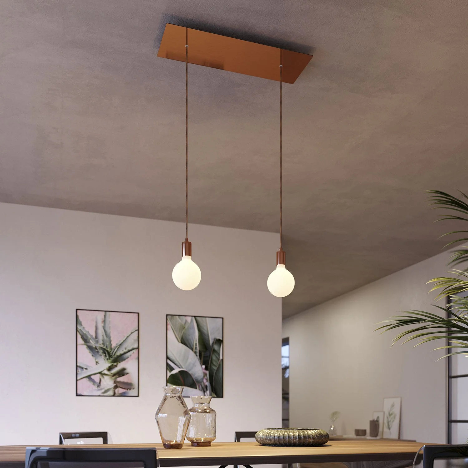 Pendelleuchte mit 2 Abhängungen und XXL Rose-One Rechteck 675 mm mit Metall-Finish – Satin Kupfer - Image 2