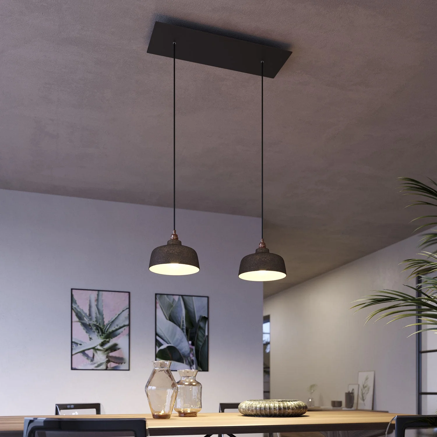 Pendelleuchte mit 2 Abhängungen und XXL Rose-One rechteckig 675 mm mit Coppa-Schirm – Matt Schwarz - Image 2