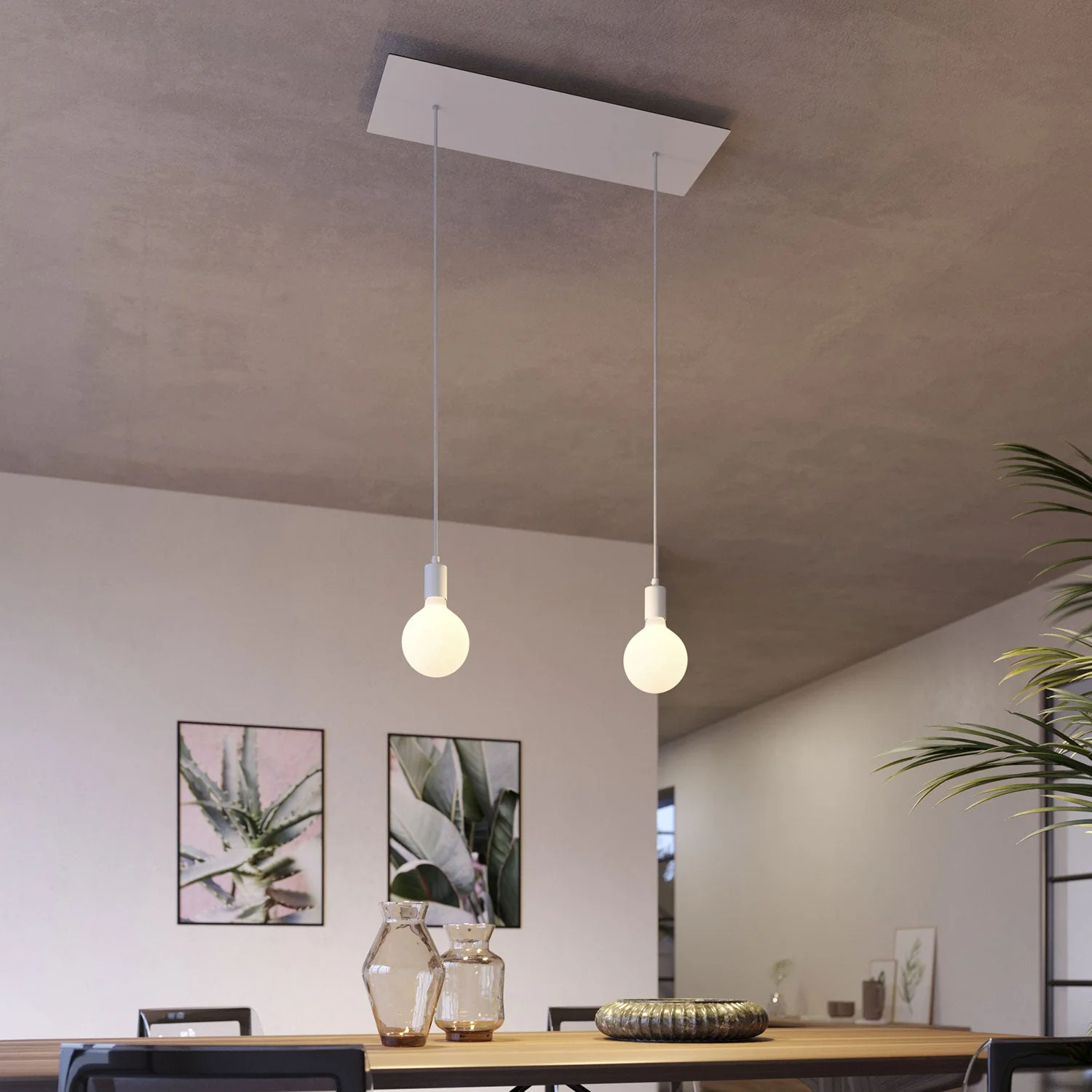 Pendelleuchte mit 2 Abhängungen und XXL Rose-One rechteckig 675 mm in Metall-Optik – Mattweiß - Image 2