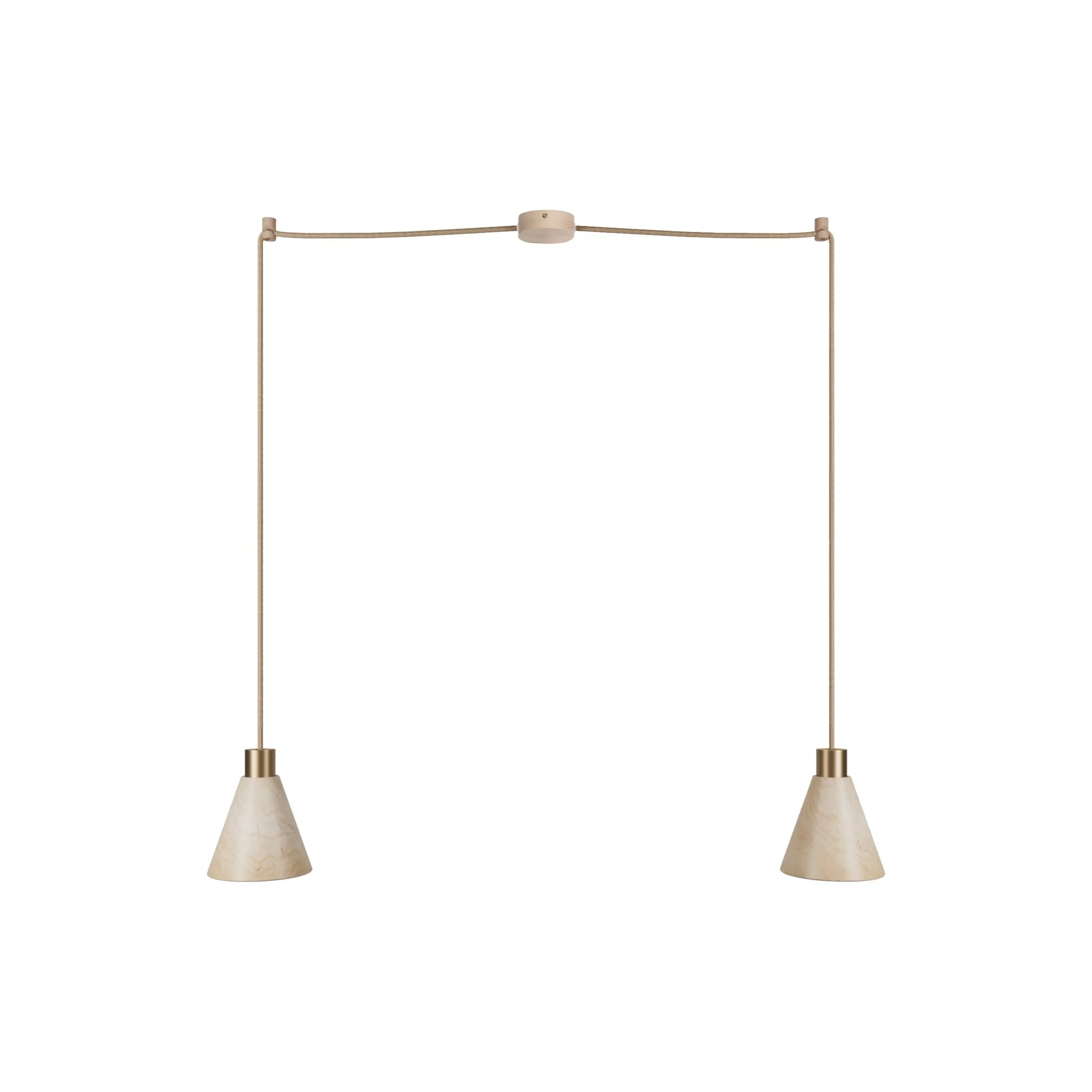 Pendelleuchte mit 2 Abhängungen und konischen Lampenschirmen aus Holz – Satin-Bronze