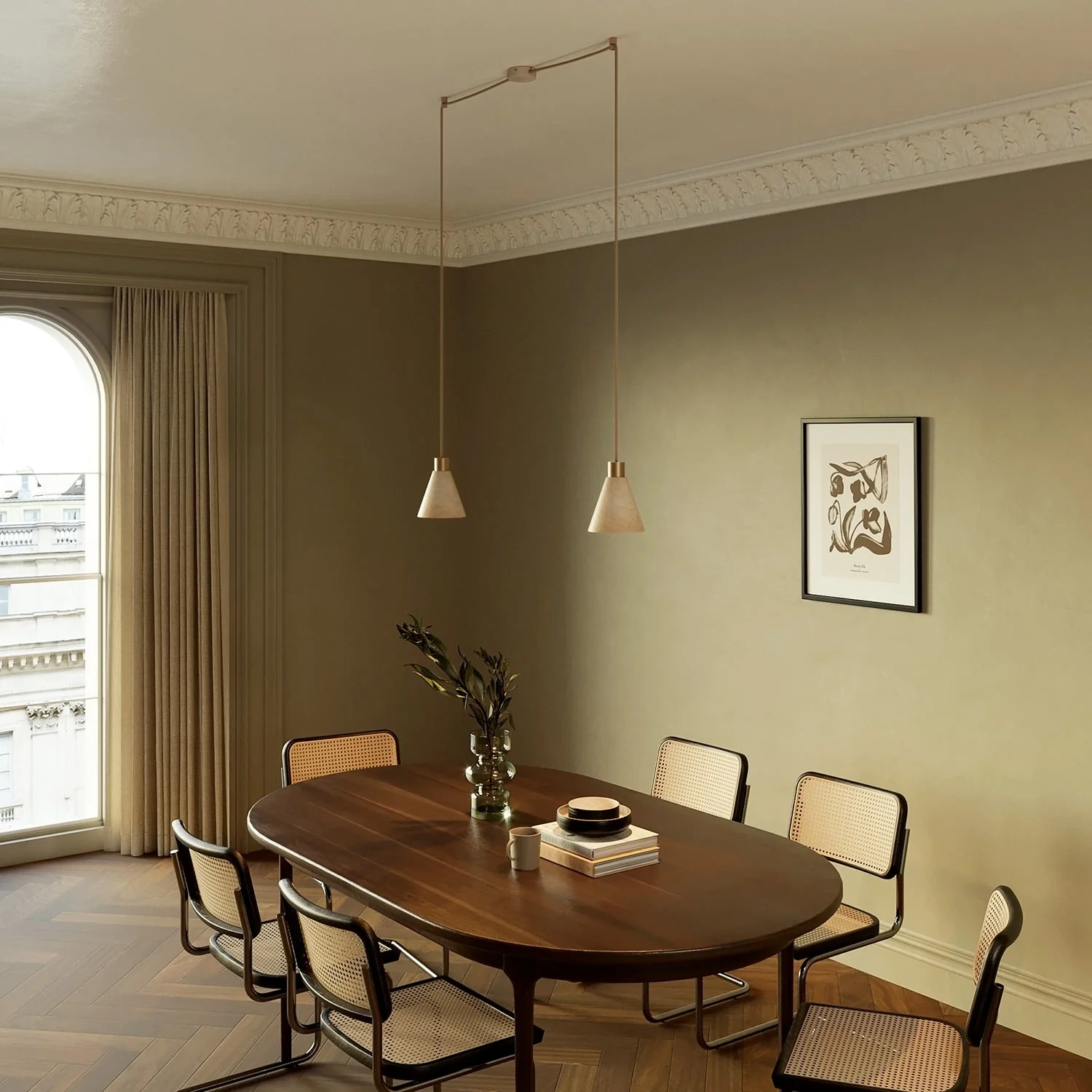 Pendelleuchte mit 2 Abhängungen und konischen Lampenschirmen aus Holz – Satin-Bronze - Image 2