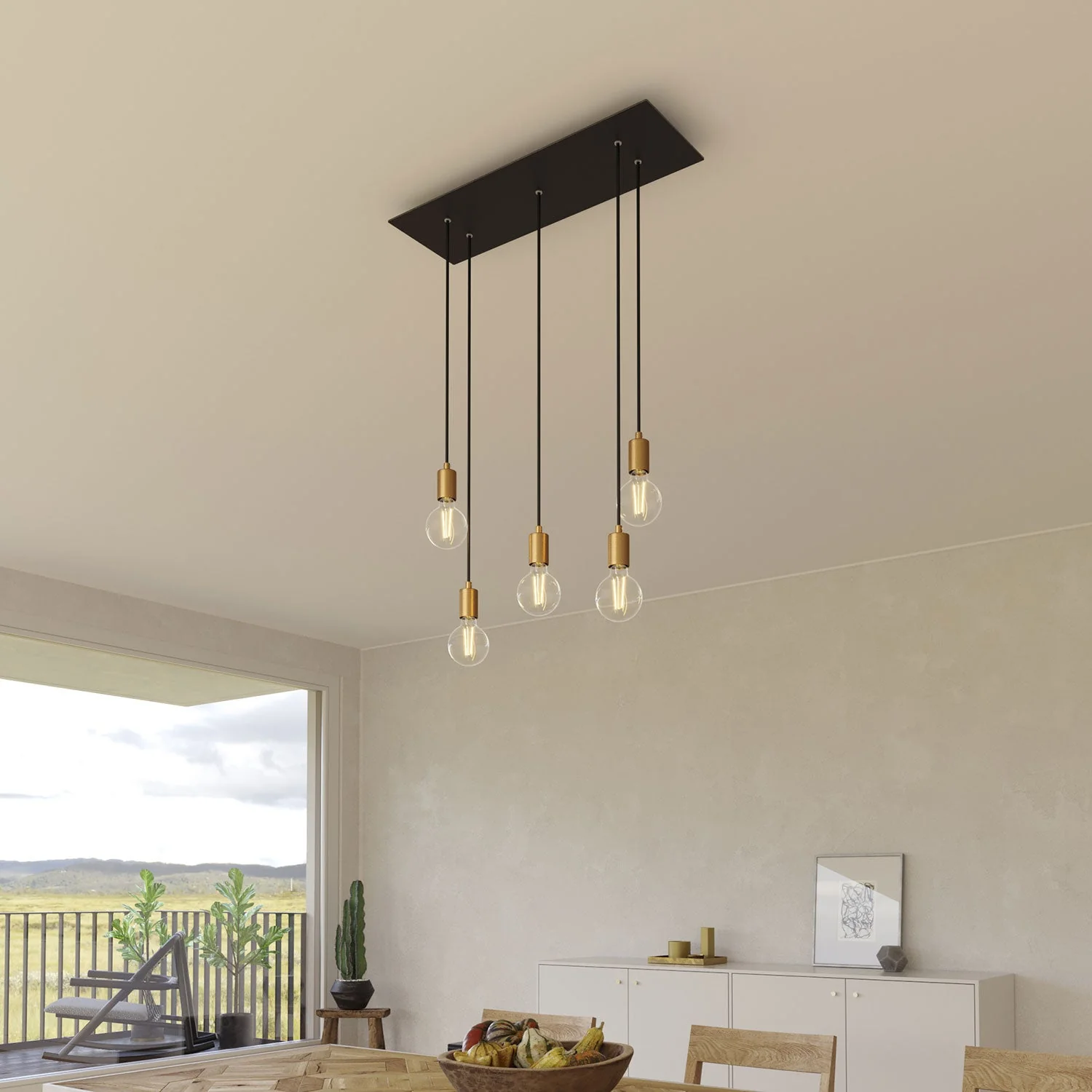 Pendelleuchte mit 5 Abhängungen und XXL Rose-One rechteckig 675 mm mit Metallteilen – Matt-Schwarz - Image 2