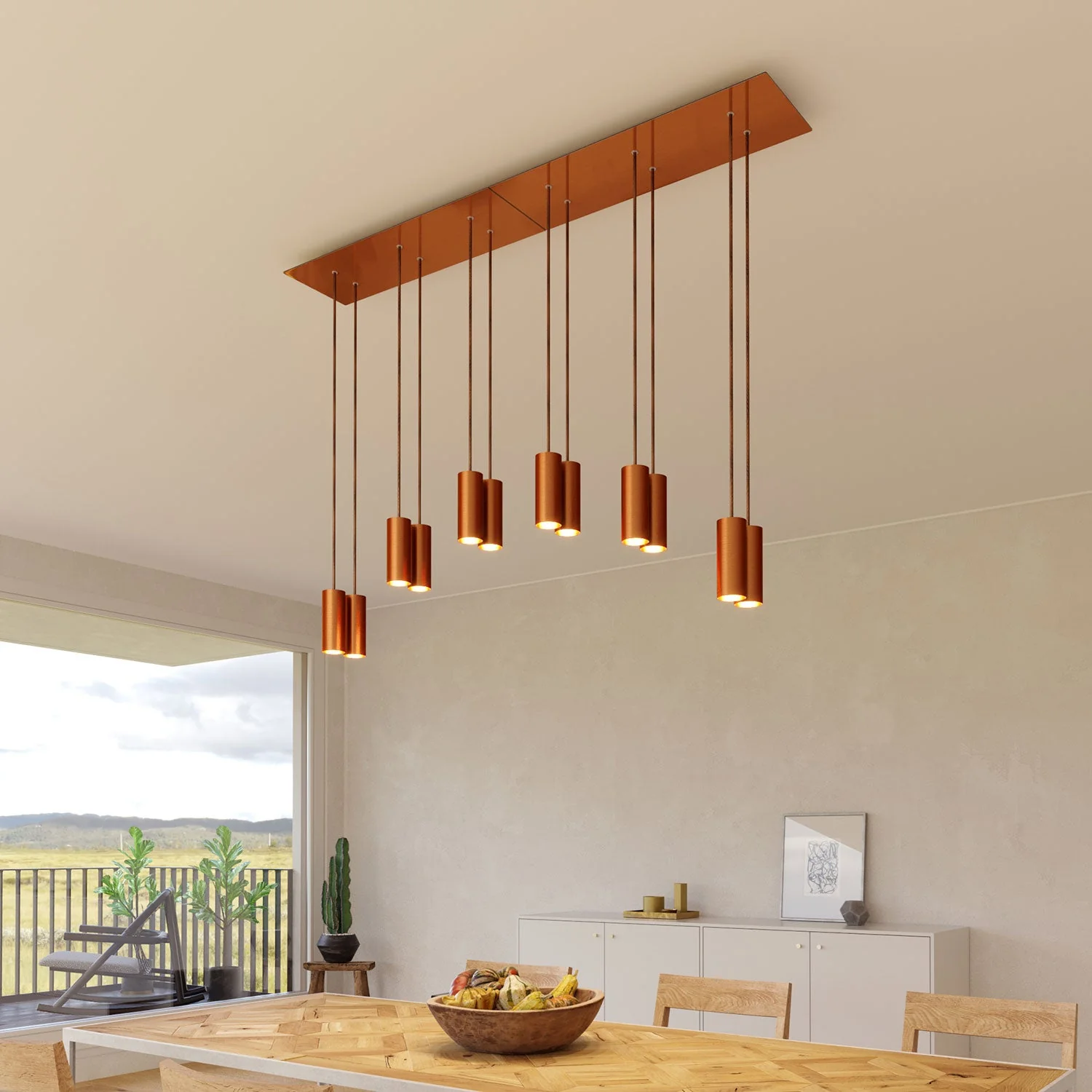 Pendelleuchte mit 6 Abhängungen und XXL Rose-One rechteckig 675 mm mit Metallschirm Tub-E14 – satiniertes Kupfer - Image 2