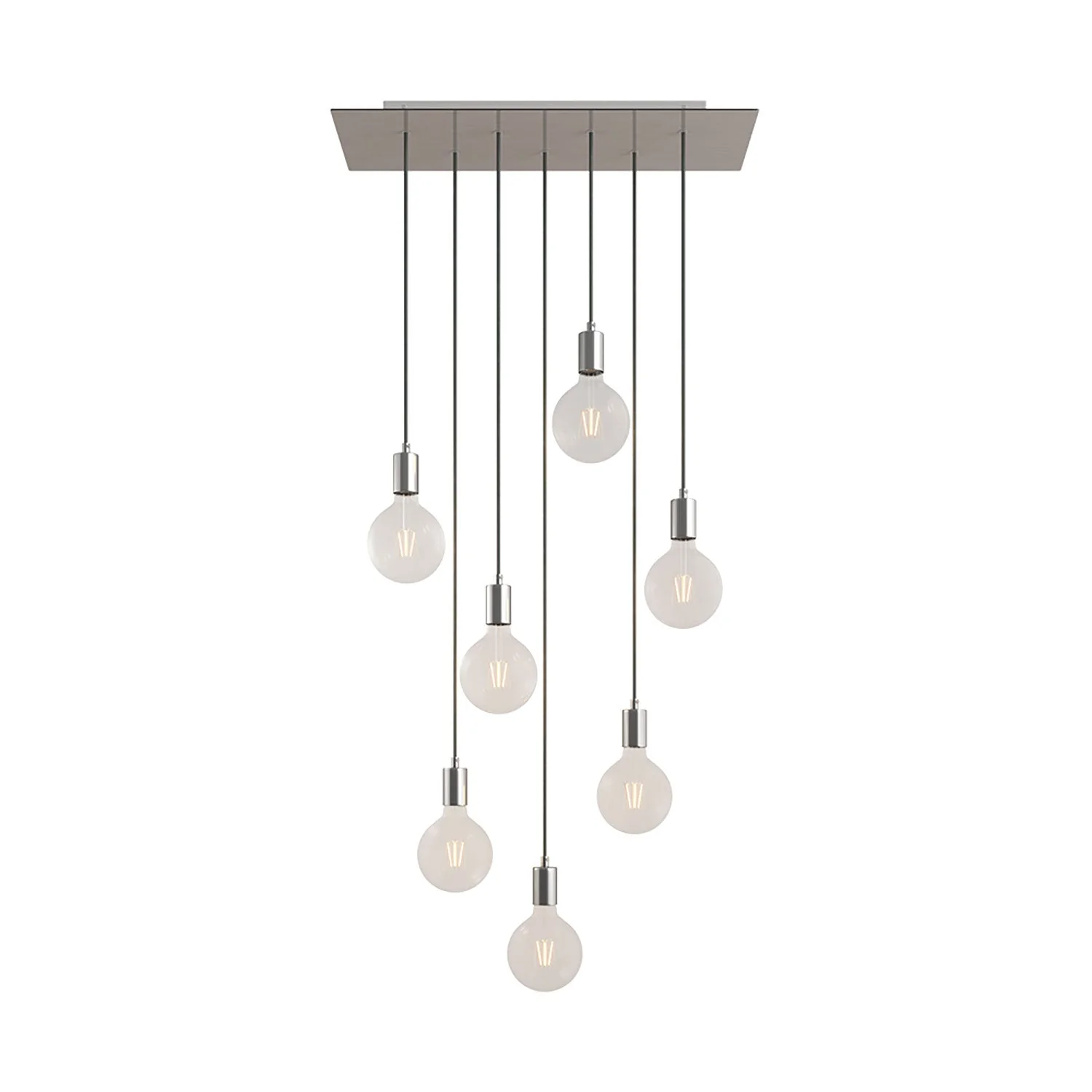 Pendelleuchte mit 7 Hängern und XXL Rose-One Rechteck 675 mm mit Metall-Finishes – Satiniertes Stahl