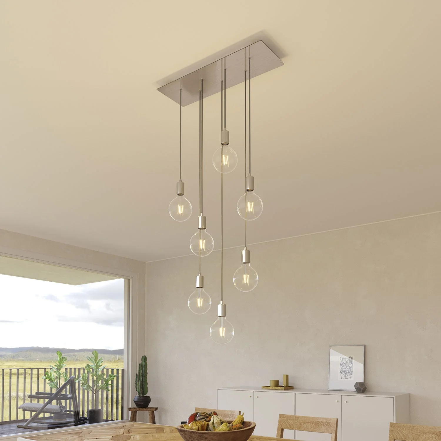 Pendelleuchte mit 7 Hängern und XXL Rose-One Rechteck 675 mm mit Metall-Finishes – Satiniertes Stahl - Image 2