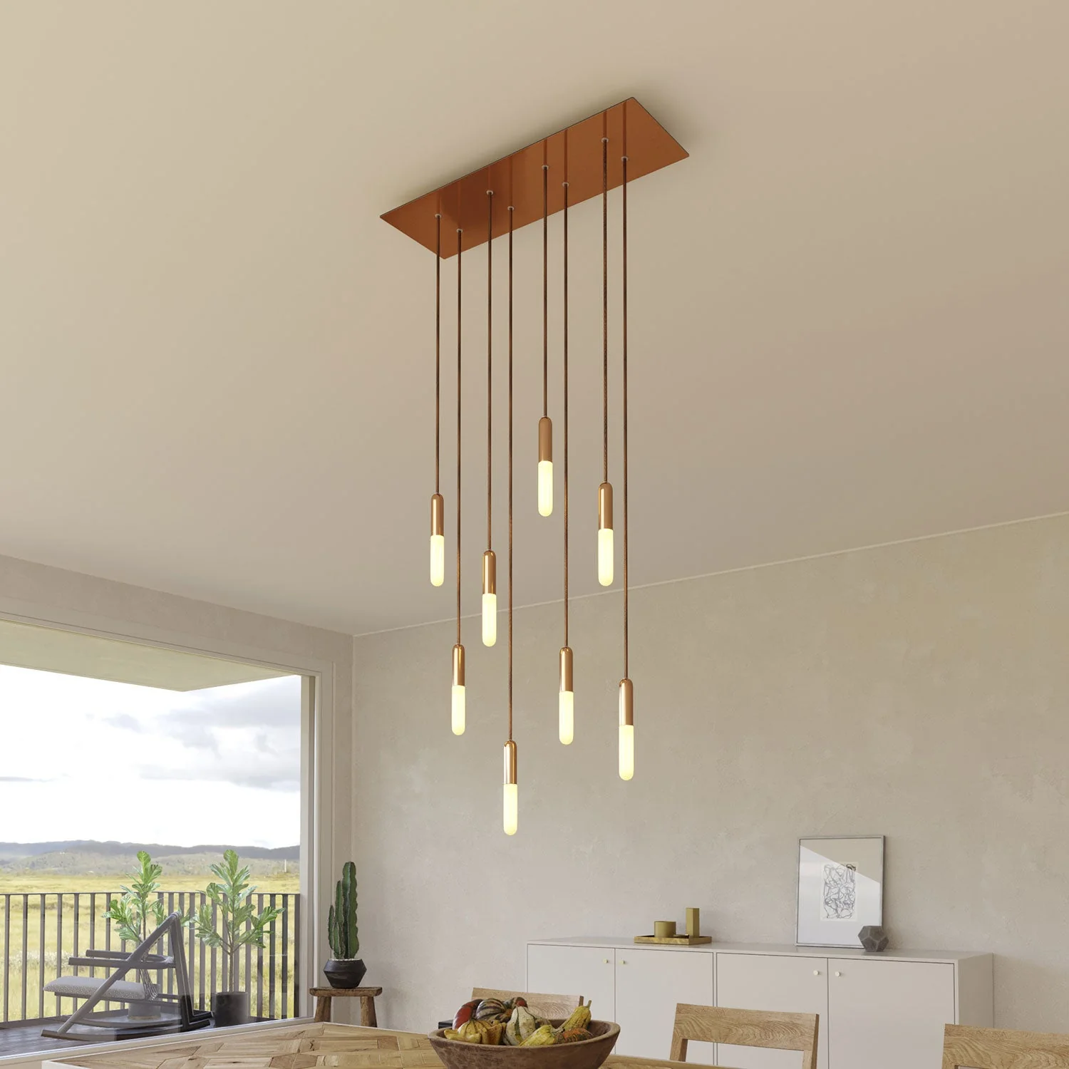 Pendelleuchte mit 8 Abhängungen und XXL Rose-One, rechteckig 675 mm, mit Metall-Finish – Satiniertes Kupfer - Image 2
