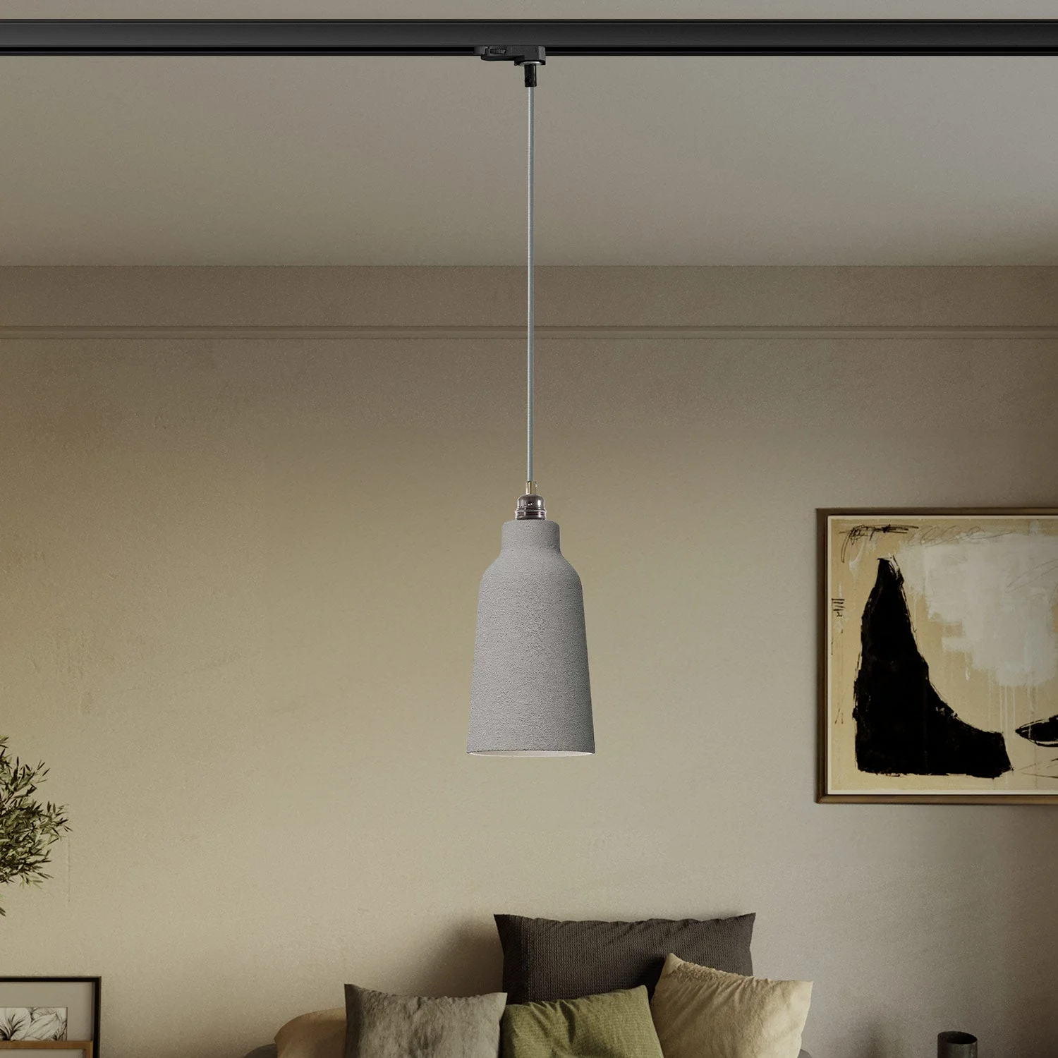 Pendelleuchte mit Flaschen-Lampenschirm und Schienenadapter – Beton-Effekt - Image 2