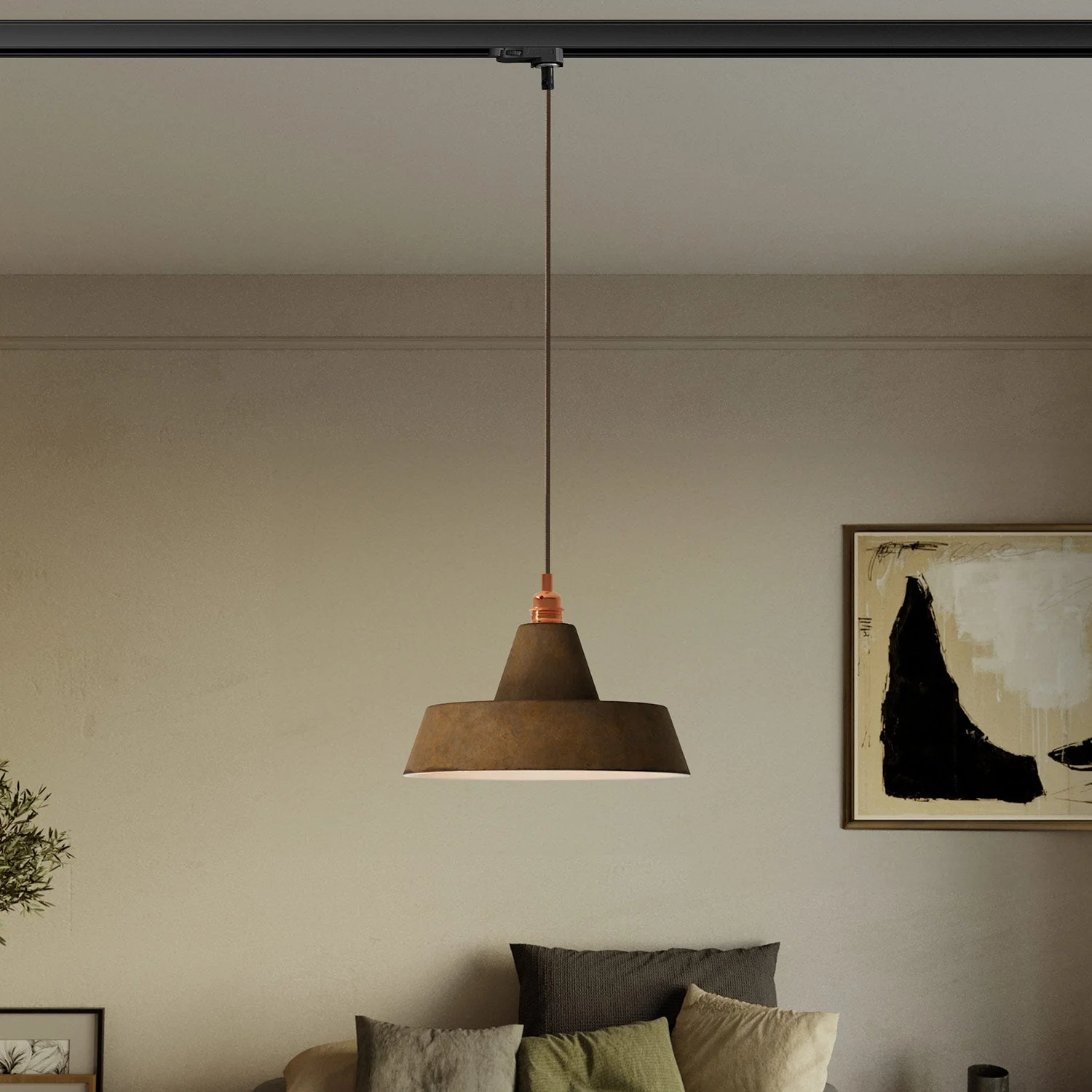 Schienen-Pendelleuchte mit Keramik-Lampenschirm im Industrie-Stil – Corten-Effekt - Image 2