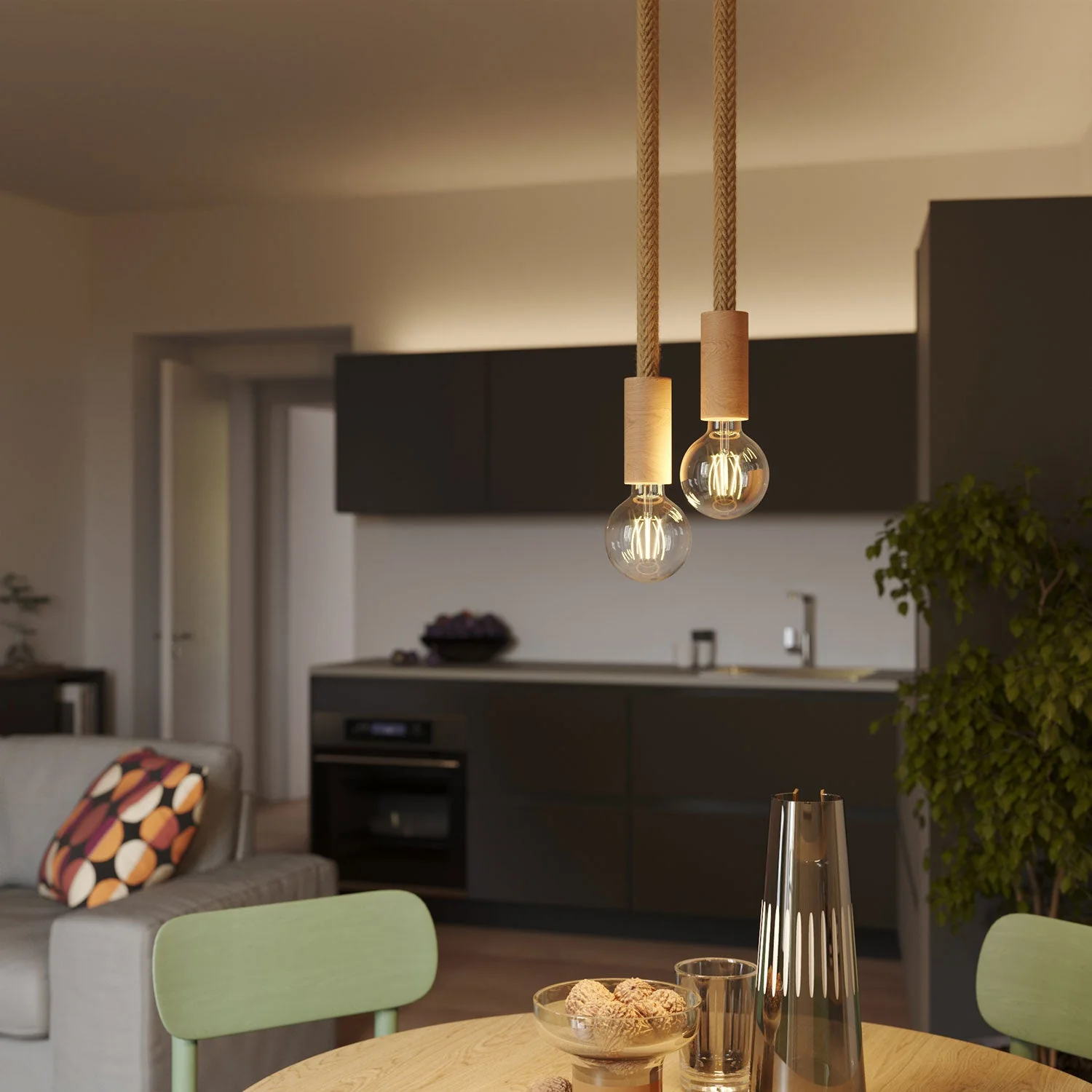 Mehrfach-Pendelleuchte mit 2 Abhängungen, komplett mit 2XL-Kordel und Holzdetails – Neutral - Image 2