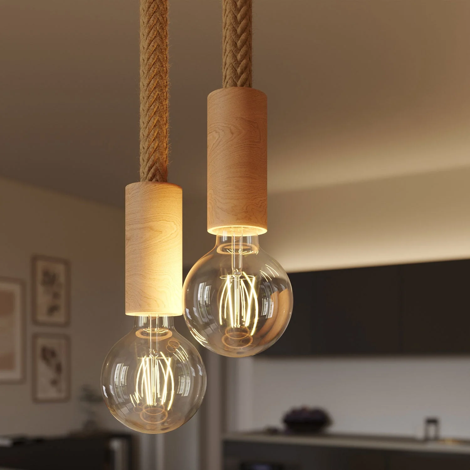 Mehrfach-Pendelleuchte mit 2 Abhängungen, komplett mit 2XL-Kordel und Holzdetails – Neutral - Image 3