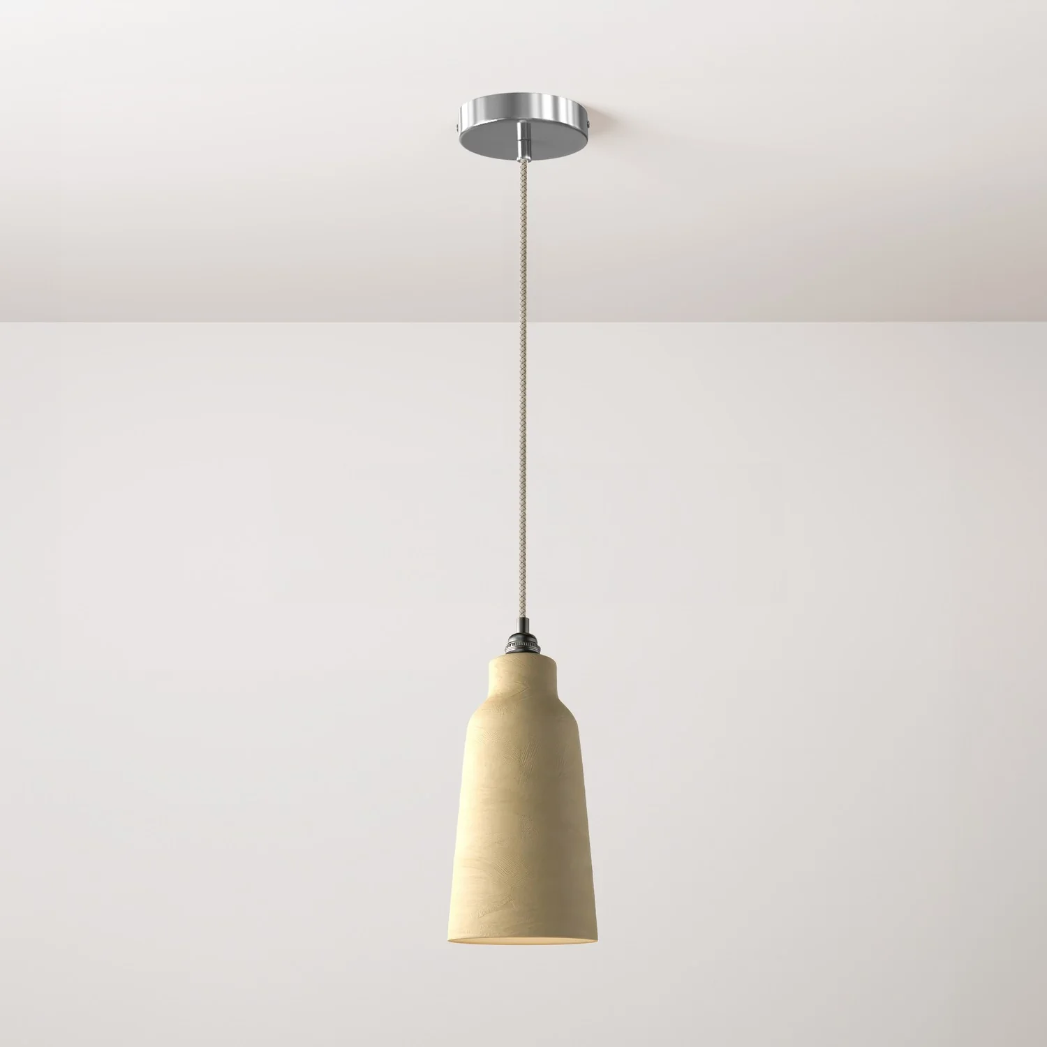 Komplette Pendellampe mit Stoffkabel, Flaschenschirm aus Keramik und Metallakzenten – Taupe gestreift