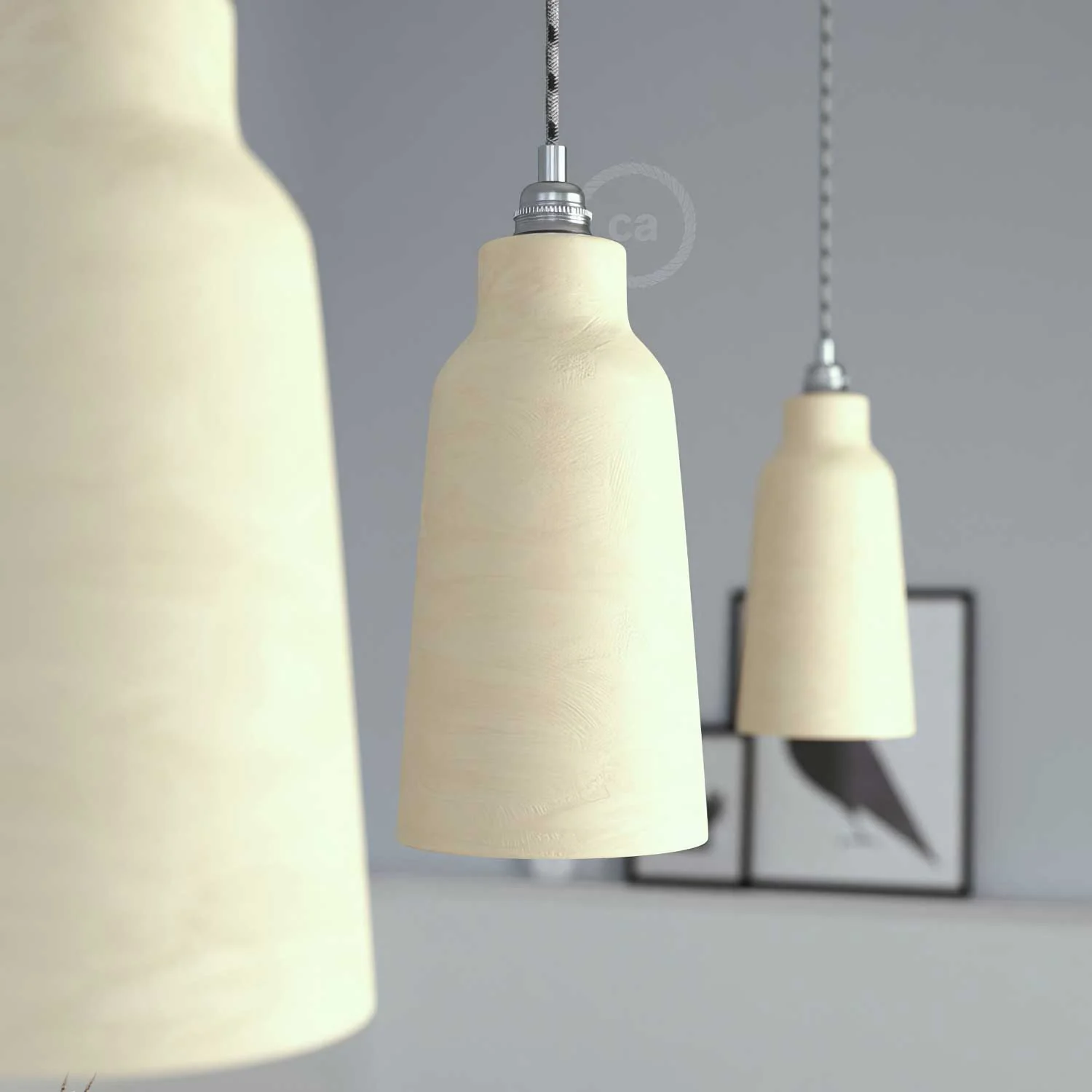 Komplette Pendellampe mit Stoffkabel, Flaschenschirm aus Keramik und Metallakzenten – Taupe gestreift - Image 3