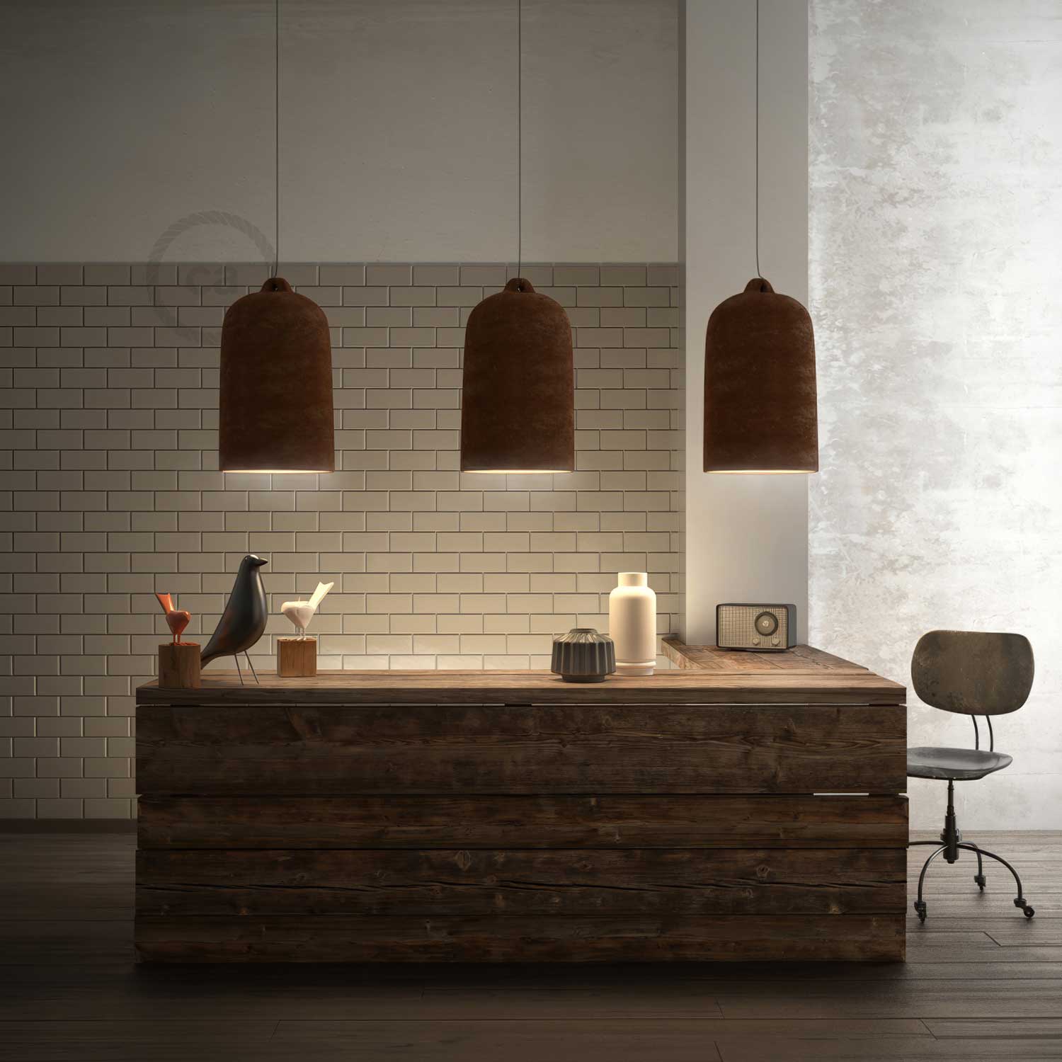 Pendelleuchte komplett mit Textilkabel und XL-Keramikschirm – Corten-Effekt - Image 3