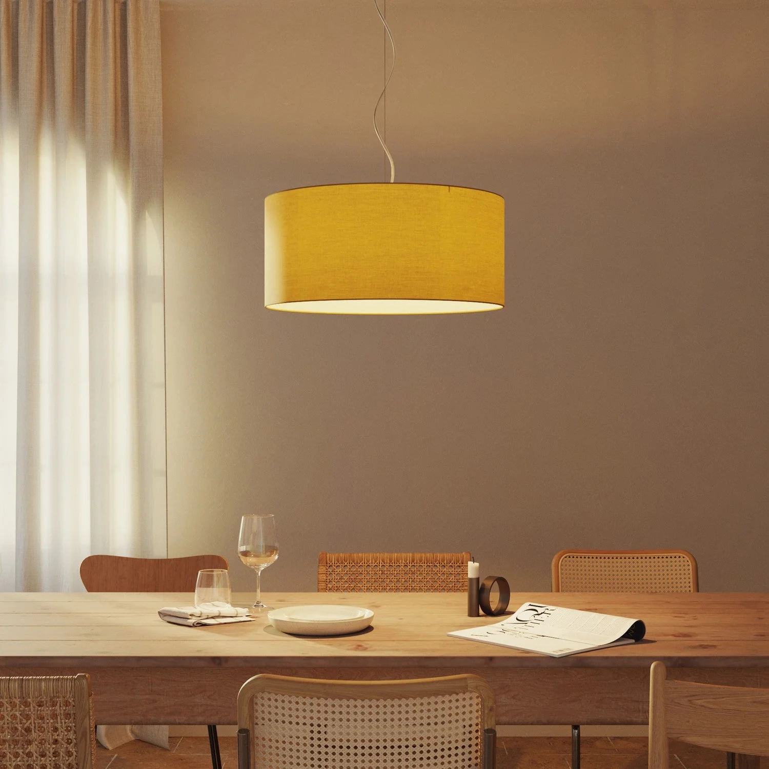 Pendelleuchte mit großem Zylinderschirm aus Stoff – Made in Italy – Arenal Gold - Image 2