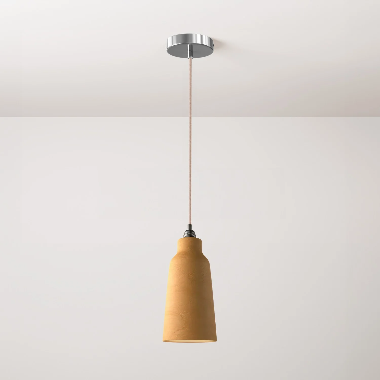 Pendelleuchte komplett mit Textilkabel, Flaschenschirm aus Keramik und Metall-Details – Terrakotta gestreift