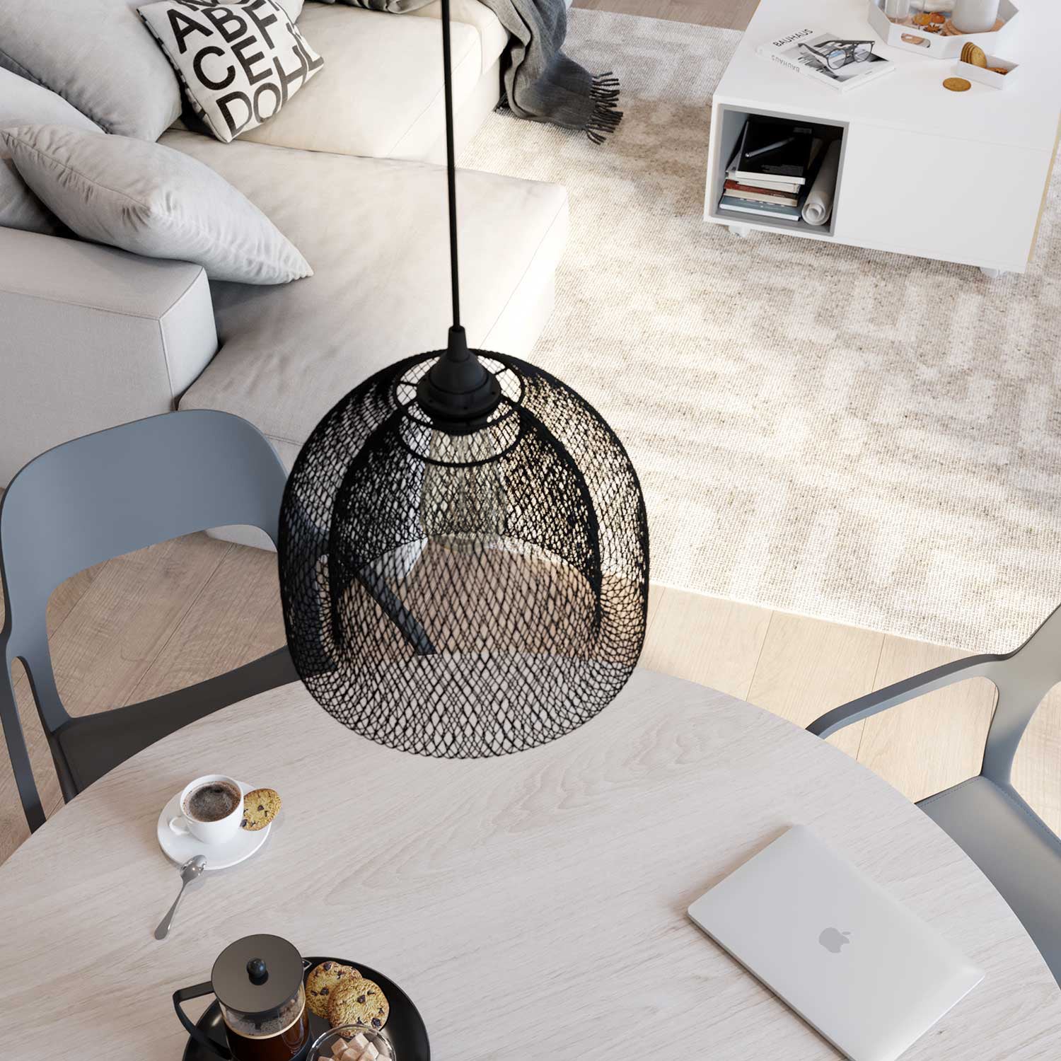 Pendelleuchte mit Textilkabel, Ghostbell XL Käfigschirm und Metalldetails – Schwarz - Image 2