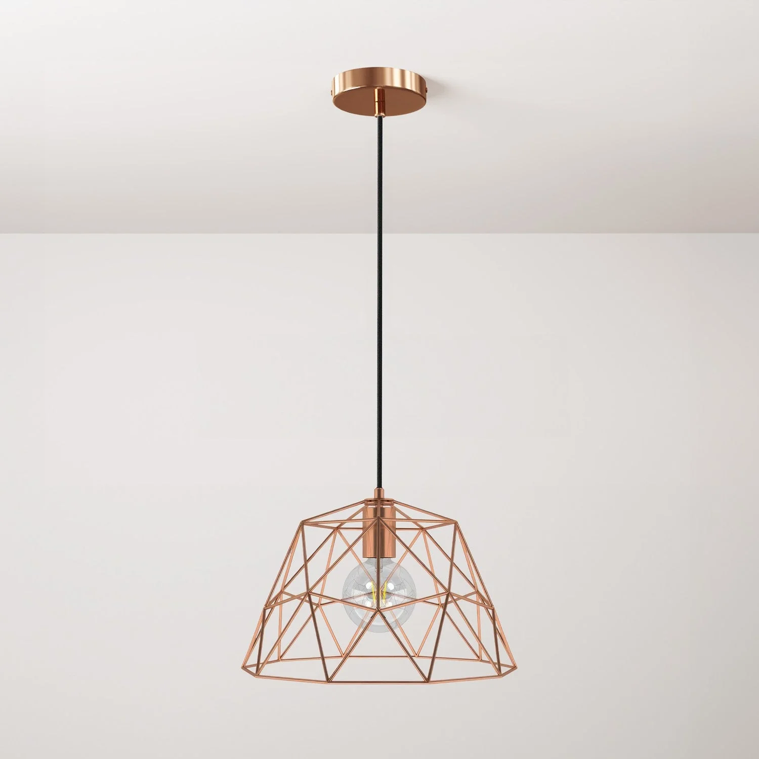 Pendelleuchte mit Textilkabel, Kuppelschirm und Metalldetails – Kupfer