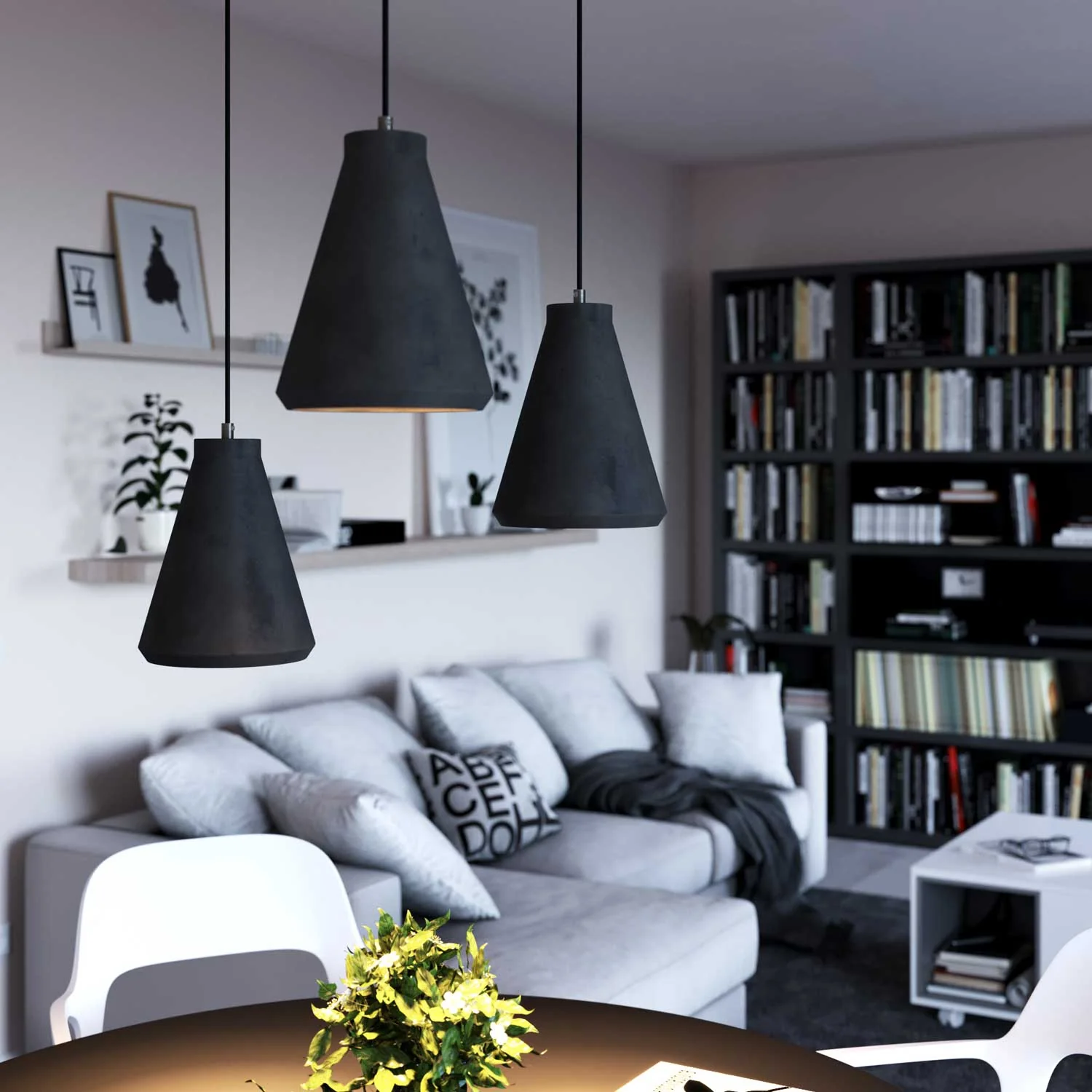 Pendelleuchte mit Textilkabel, Funnel-Betonlampenschirm und Metalldetails – Dunkler Beton - Image 3