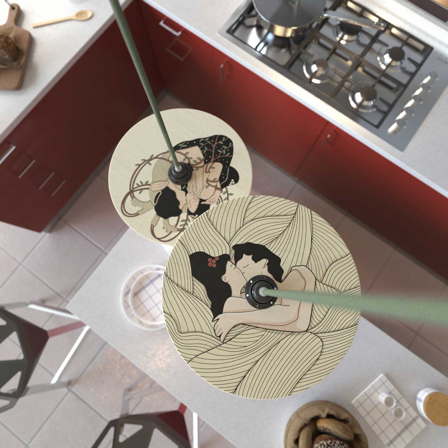 Pendelleuchte komplett mit Textilkabel, doppelseitigem UFO-Holzschirm und Metall-Details – Carolina Zuniga - Image 2