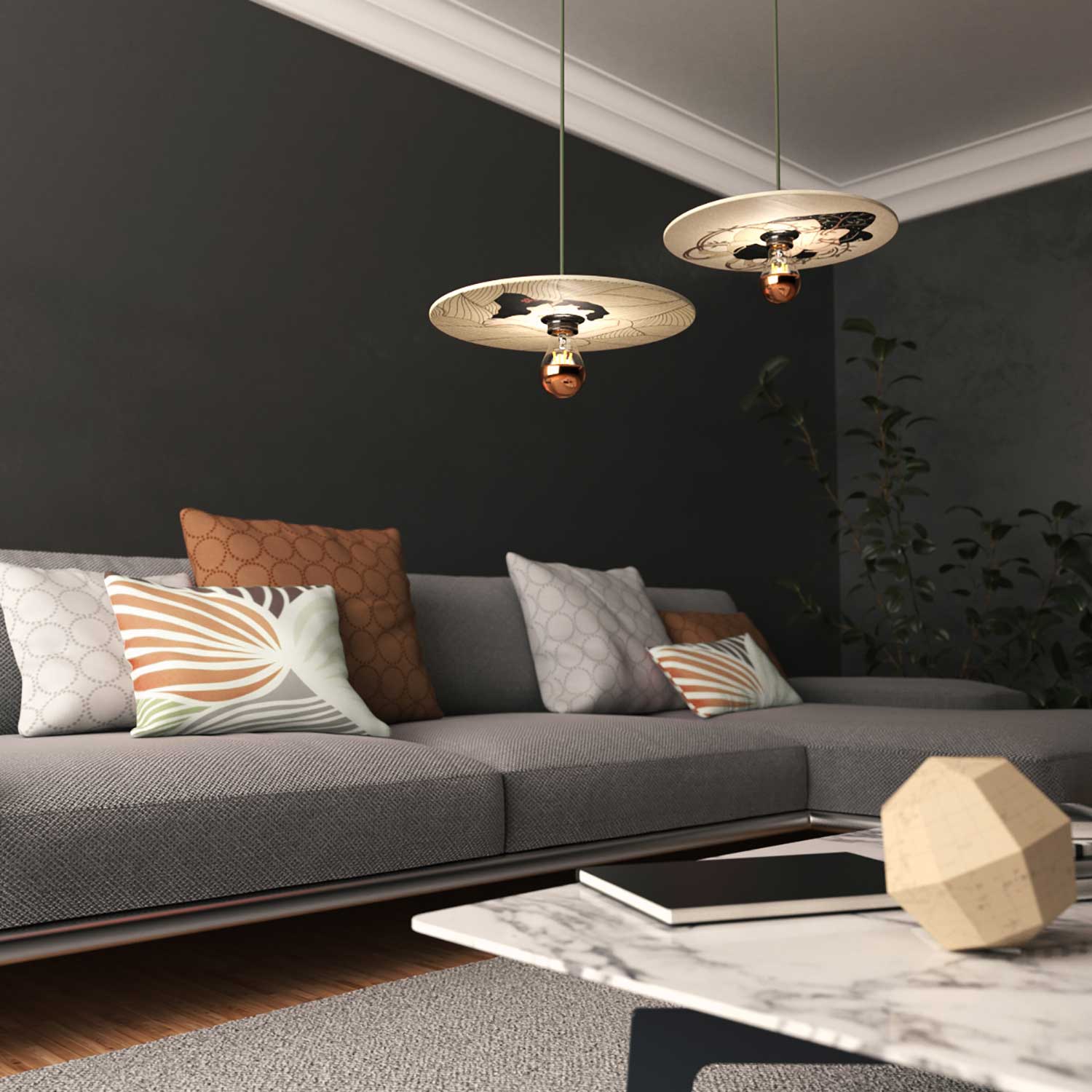 Pendelleuchte komplett mit Textilkabel, doppelseitigem UFO-Holzschirm und Metall-Details – Carolina Zuniga - Image 3