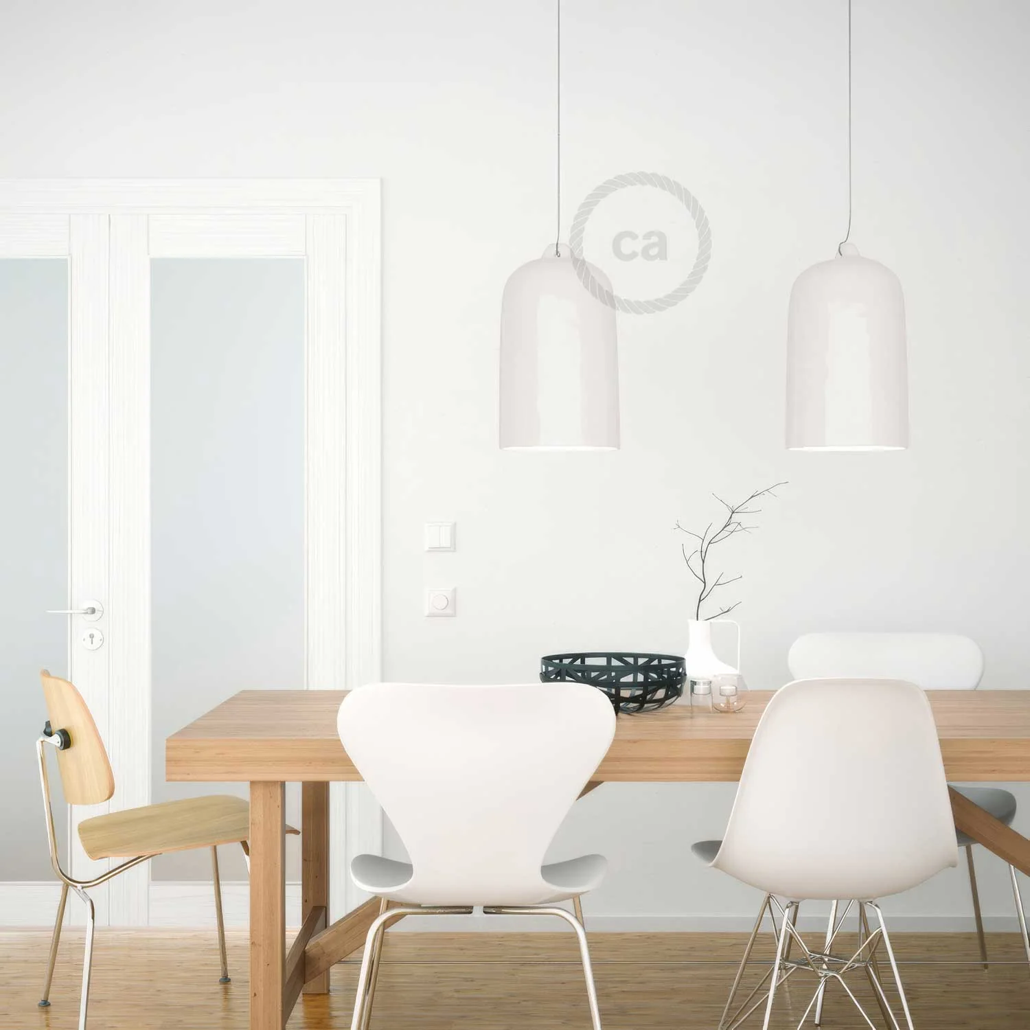 Pendelleuchte mit Textilkabel und Bell XL Keramikschirm – Glänzendweiß - Image 4