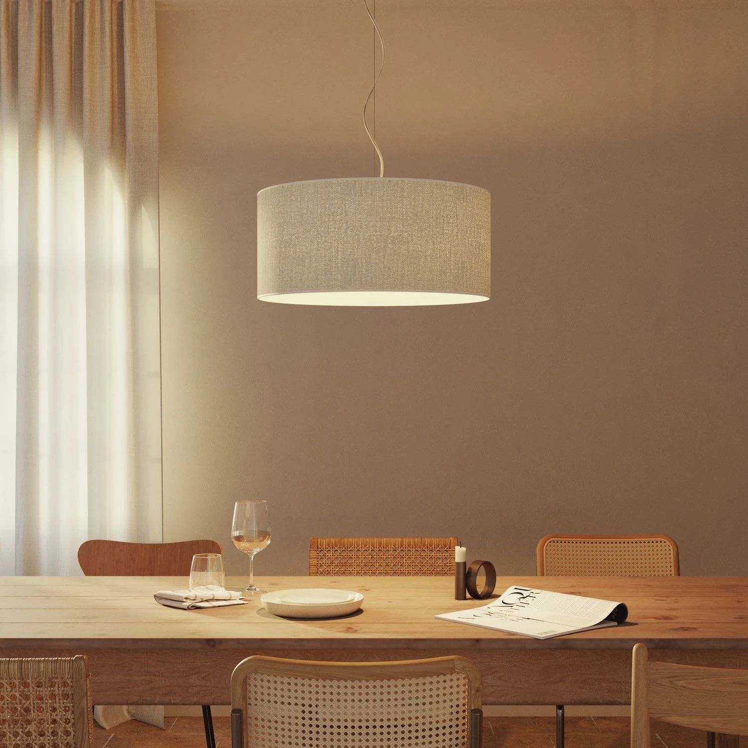 Hängeleuchte mit großem Zylinder-Lampenschirm aus Stoff – Made in Italy – Helle Jute - Image 2