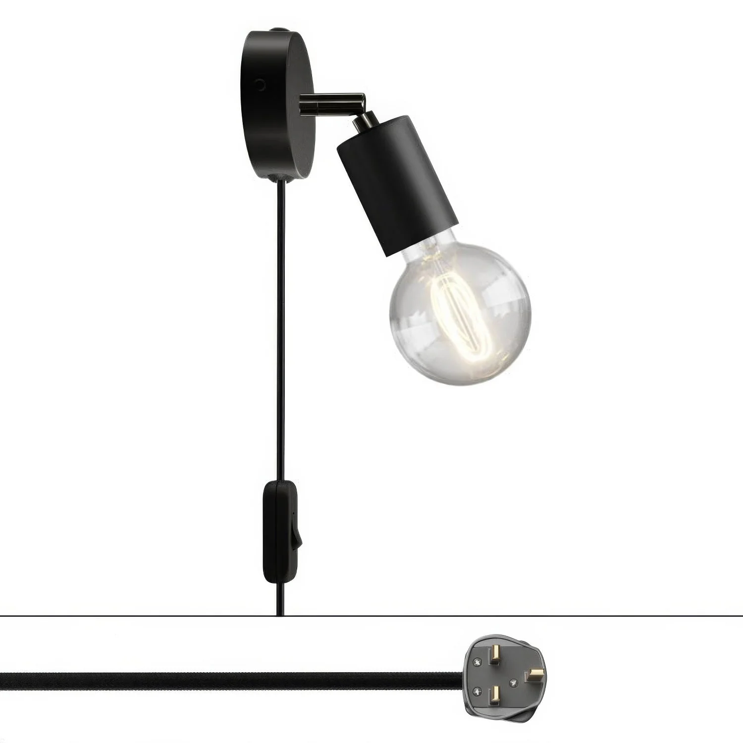 Spostaluce-Leuchte mit schwenkbarem Metallgelenk und UK-Stecker – Schwarz
