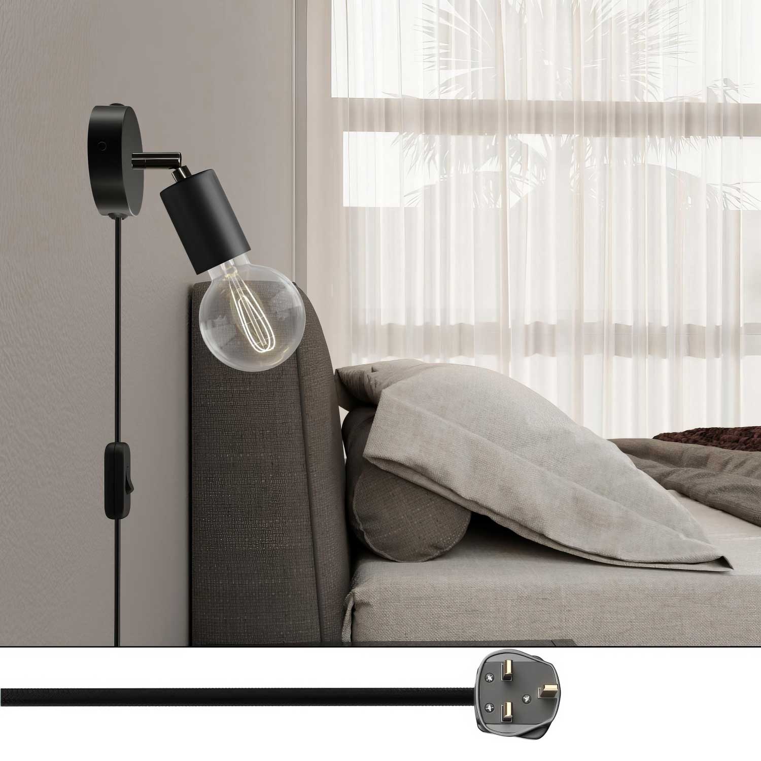 Spostaluce-Leuchte mit schwenkbarem Metallgelenk und UK-Stecker – Schwarz - Image 2