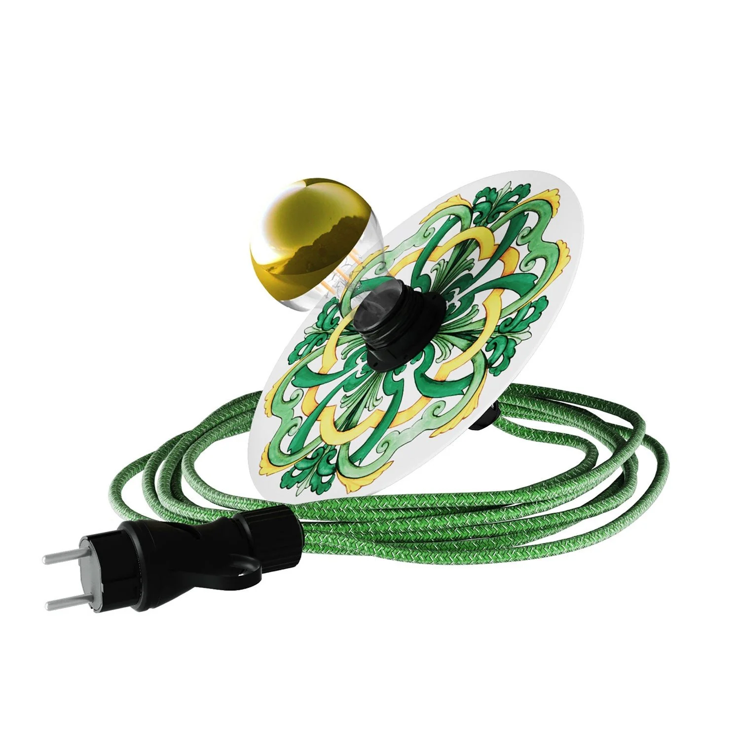 Snake Eiva mit Mini Piatto Ellepì „Maioliche“ Gelb und Grün, tragbare IP65-Lampe für Außenbereich mit Stecker