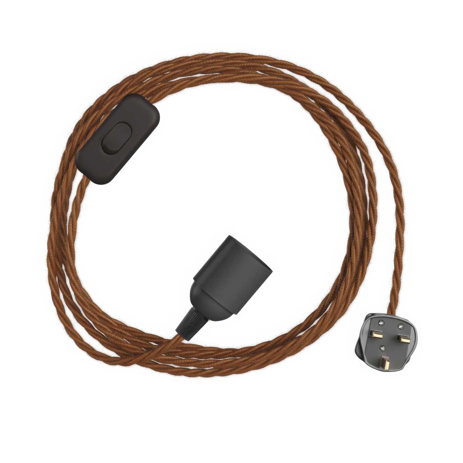 SnakeBis Twisted – Verkabelung mit Lampenfassung, geflochtenem TC23-Textilkabel und UK-Stecker