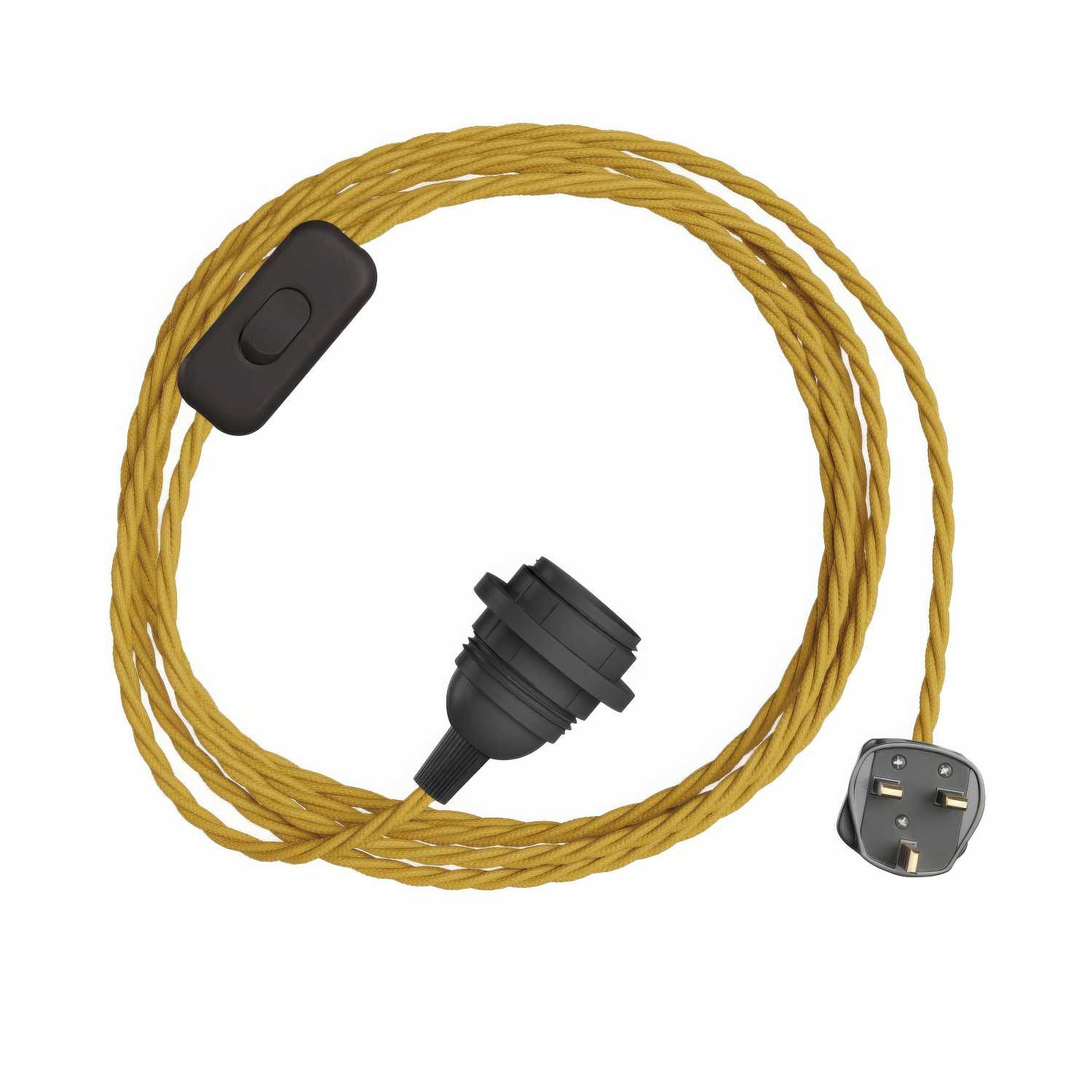 SnakeBis Twisted für Schirme – Verkabelung mit Lampenfassung, geflochtenem Stoffkabel TM25 und UK-Stecker