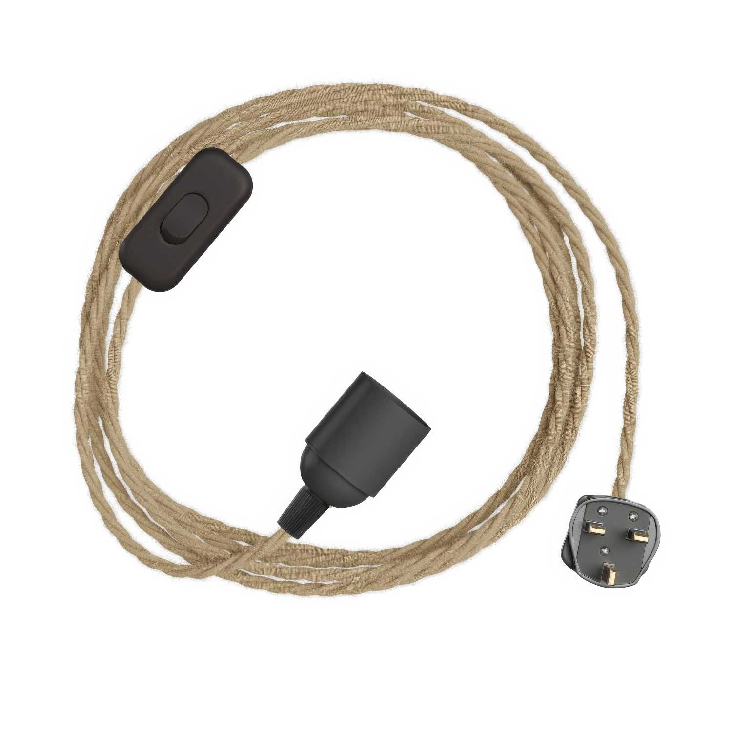 SnakeBis Twisted – Verkabelung mit Lampenfassung, TN06-Textilgeflechtkabel und UK-Stecker