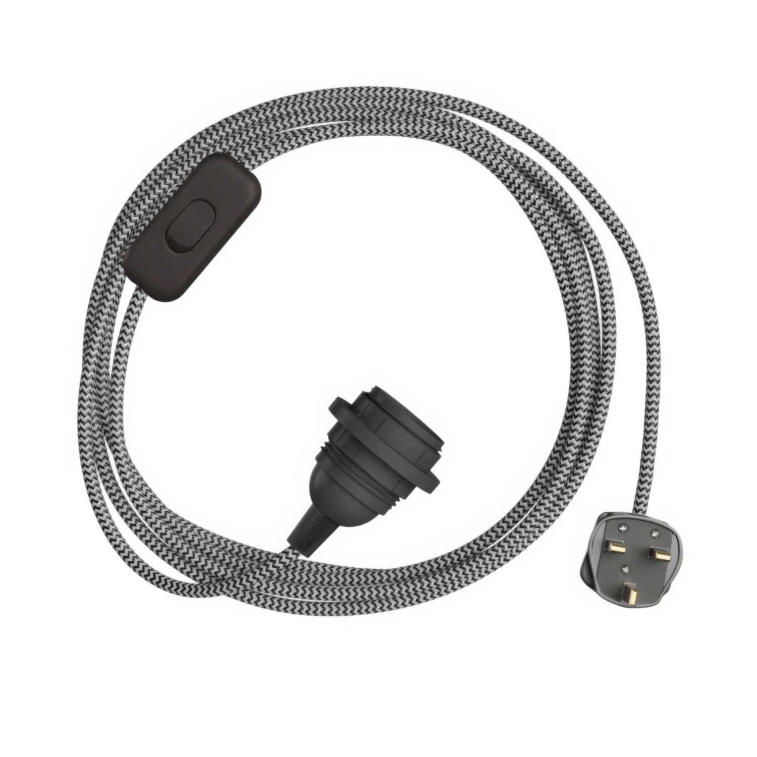 SnakeBis Zig-Zag für Lampenschirme – Verkabelung mit Lampenfassung, Stoffkabel in ZigZag-Optik RZ04 und UK-Stecker