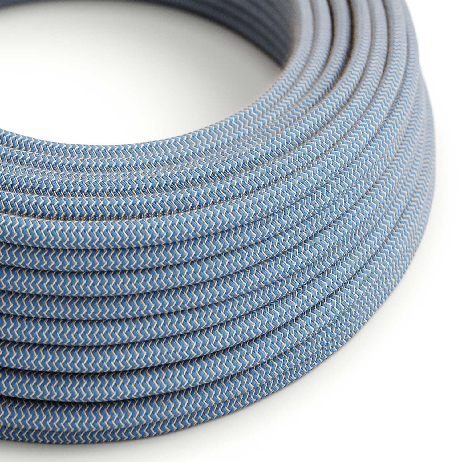 Stoffummanteltes Kabel – Natur & Blauer Leinen-Zickzack RD75 – UL-gelistet