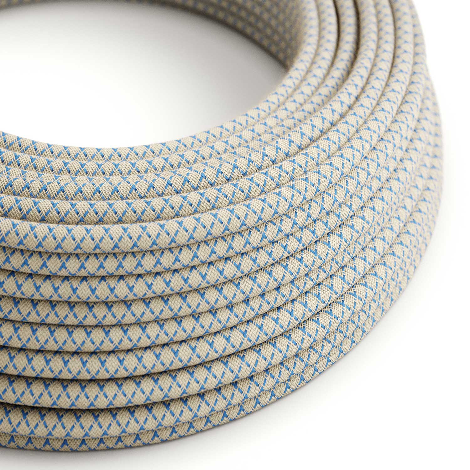 Textilkabel – Natur & Blau Leinen CrissCross RD65 – UL-Zertifiziert